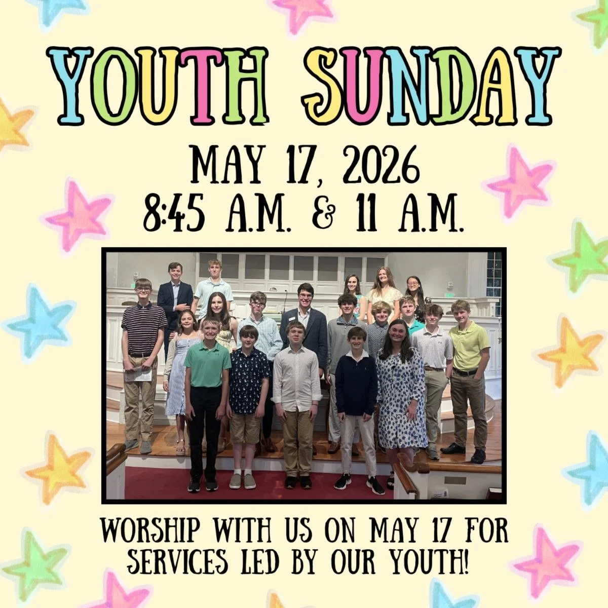 Youth Sunday 

Join us this Sunday, May 17, as our youth help lead worship! The liturgy and elements are based on Philippians 2:1-13, teaching us how to live and love as Christ does, and reminding us that we never walk the journey of faith alone. I a