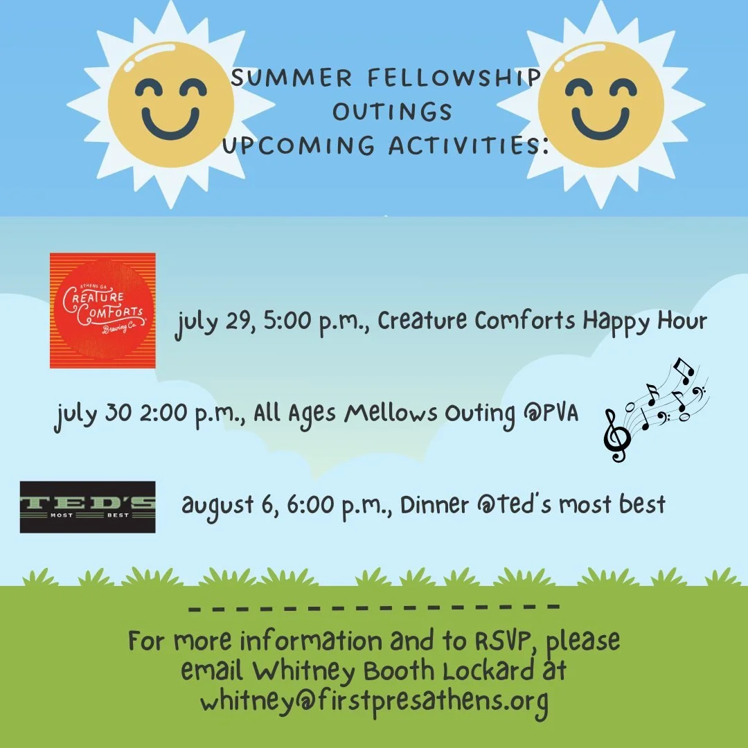 Summer Fellowship Outings

�Join us tomorrow for our last Summer Fellowship Outing!

Thursday, August 6 at 6:00 p.m. Downtown Dinner, Ted&rsquo;s Most Best (254 W. Washington St.): Bring the whole family and head downtown for food, drink, and fun!

P