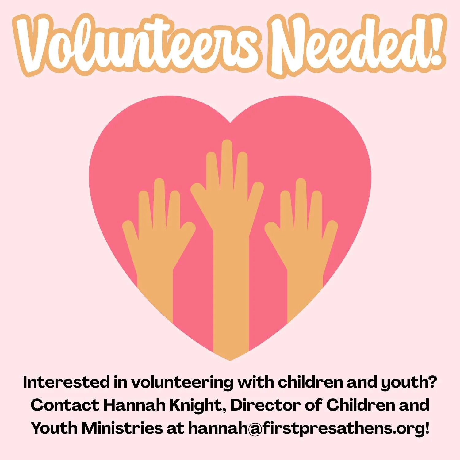 Volunteers Needed: Children and Youth Ministries

Interested in leading children&rsquo;s Sunday School, helping out at youth group, teaching Godly Play, or working with our awesome children &amp; youth? We need your help! 

Please reach out to Hannah