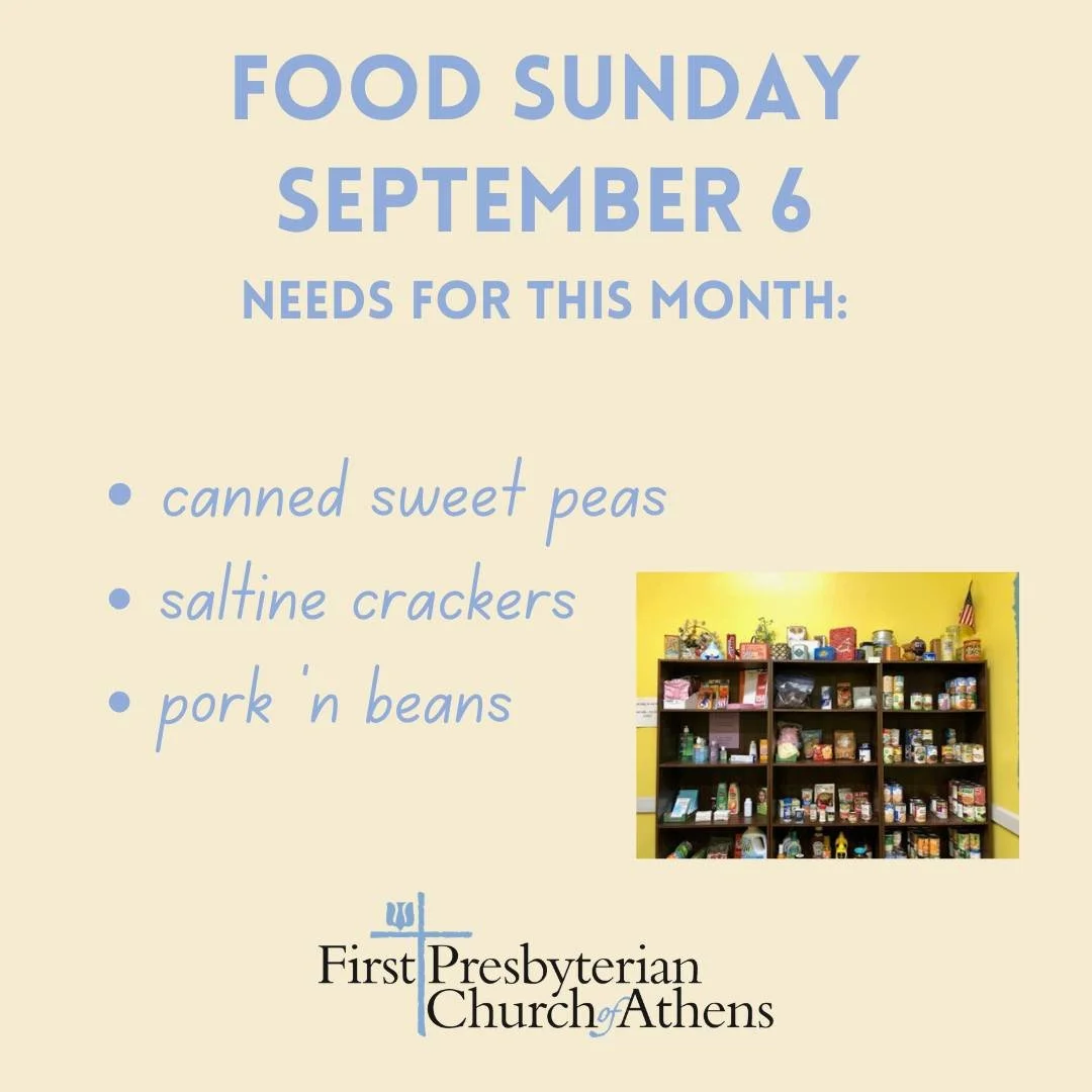 Food Sunday, September 6

You may bring donations of pork &lsquo;n beans, canned sweet peas, and saltine crackers to church on Sunday, September 6. You may also bring items to the church office until Friday, September 4. Our neighbors in need are ver