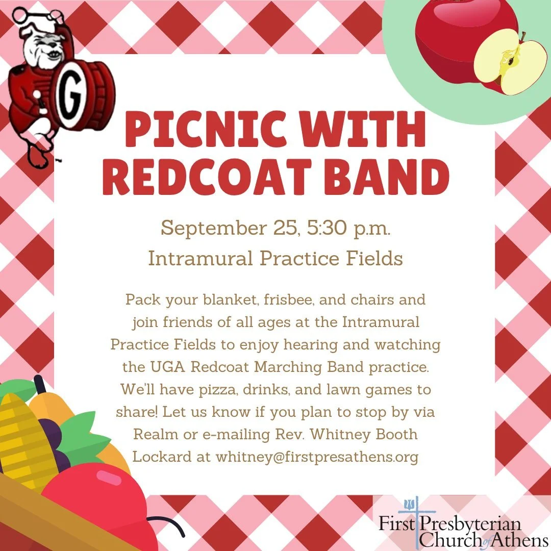 Picnic with the Redcoat Band
Friday, September 25 5:30 p.m.

Pack your blanket, frisbee, and chairs and join friends of all ages at the Intramural Practice Fields on Friday, September 25, to enjoy hearing and watching the UGA Redcoat Marching Band pr