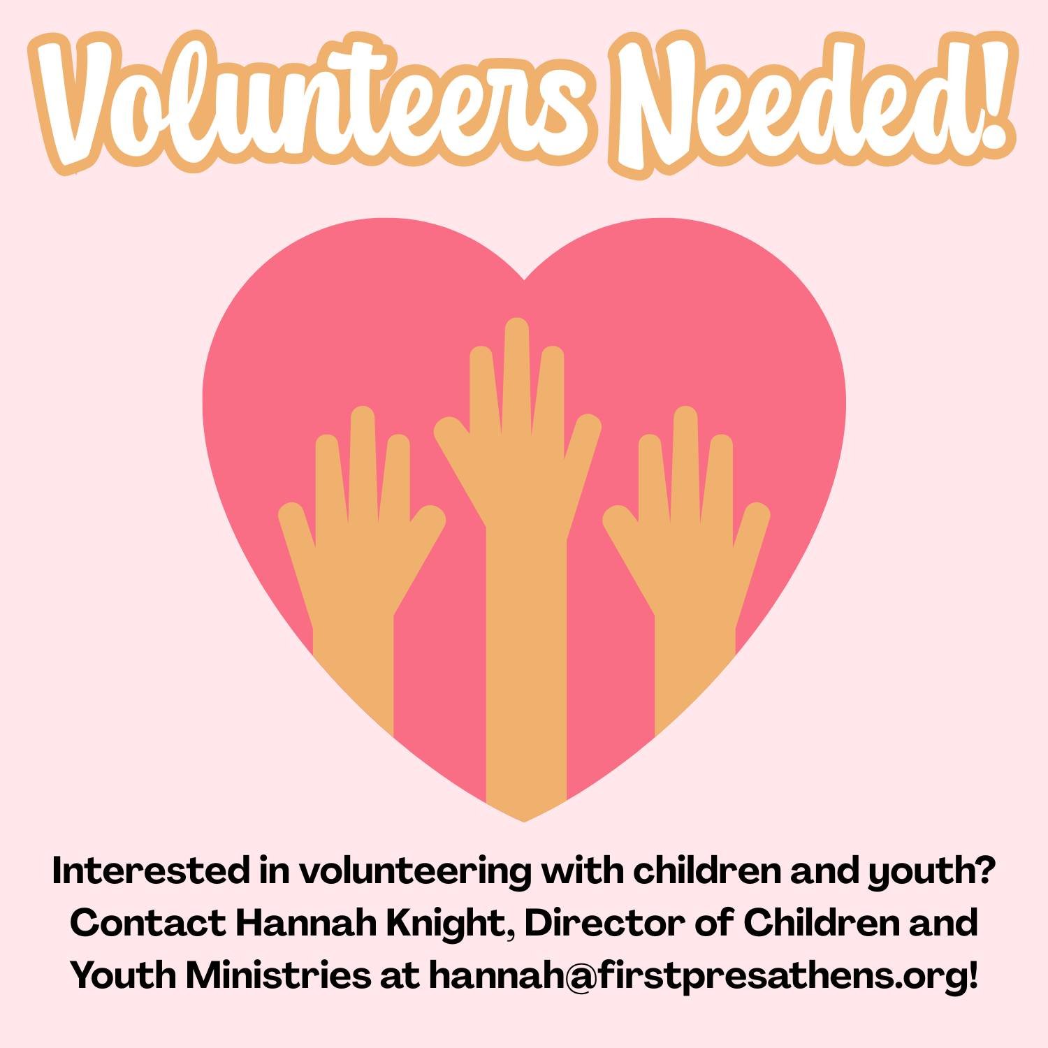 Children and Youth Ministries Volunteers Needed

Interested in leading children&rsquo;s Sunday School, helping out at youth group, teaching Godly Play, or working with our awesome children &amp; youth? We need your help! Please reach out to Hannah Kn