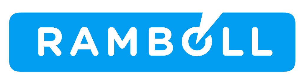 Logo with the word 'RAMBOLL' in black letters, with the letter 'O' stylized as a power button icon, on a blue rounded rectangle background.