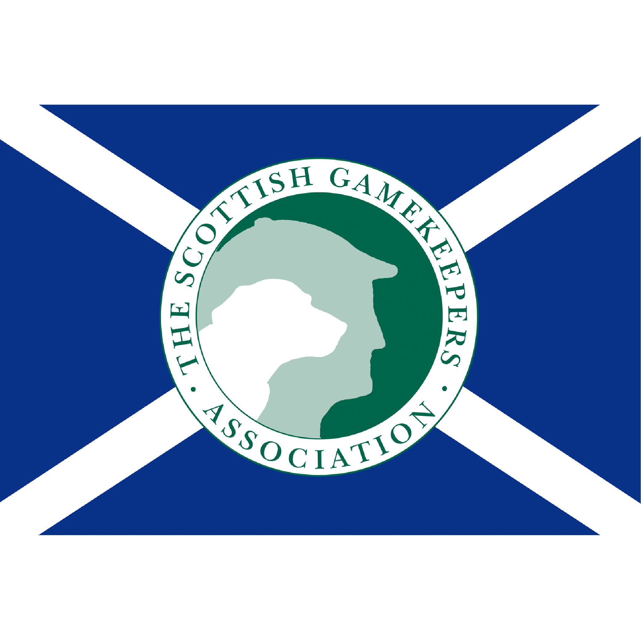Flag of Scotland with the Scottish Gamekeepers Association logo in the center.