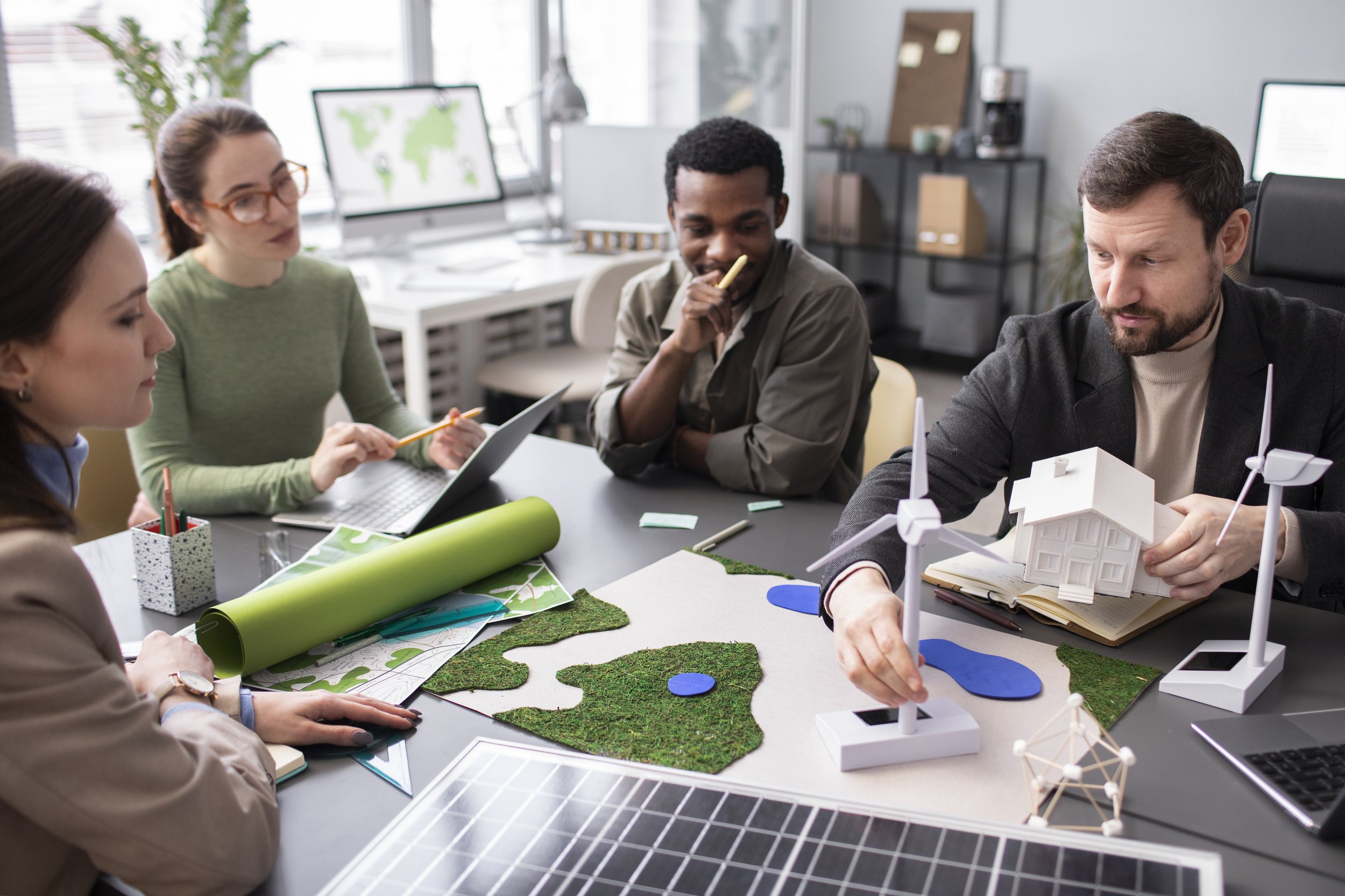 Four people in a meeting discussing renewable energy and sustainable development, with wind turbine models, a house model, a solar panel, and landscape maps on the table.