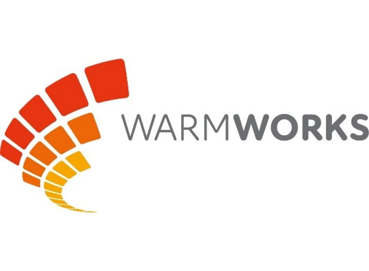 WarmWorks logo featuring a curved pattern of red, orange, and yellow blocks next to the company name in gray text.