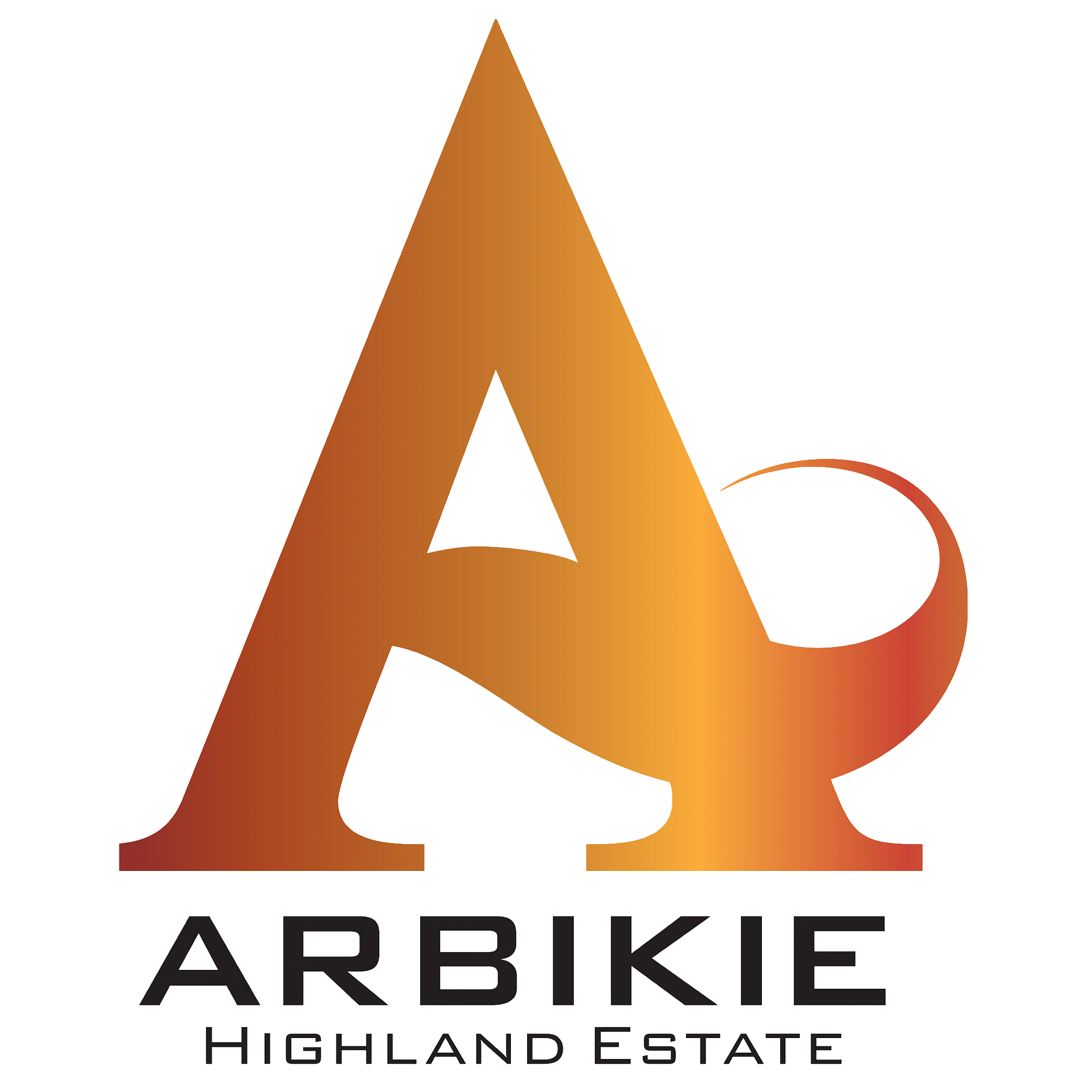 Logo of Arbuckle Highland Estate featuring a large stylized letter 'A' in gradient brown and orange, with the words 'ARBICK' and 'HIGHLAND ESTATE' below in black text.