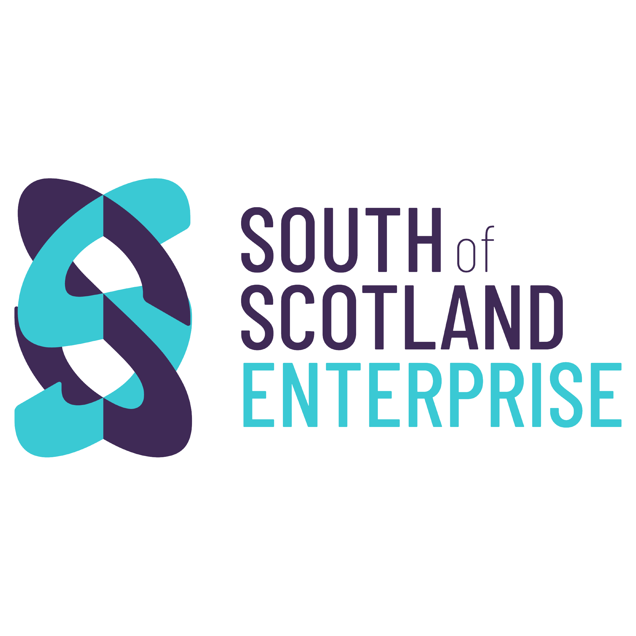 Logo of South of Scotland Enterprise with an abstract purple and turquoise ribbon design, and text in purple and turquoise.