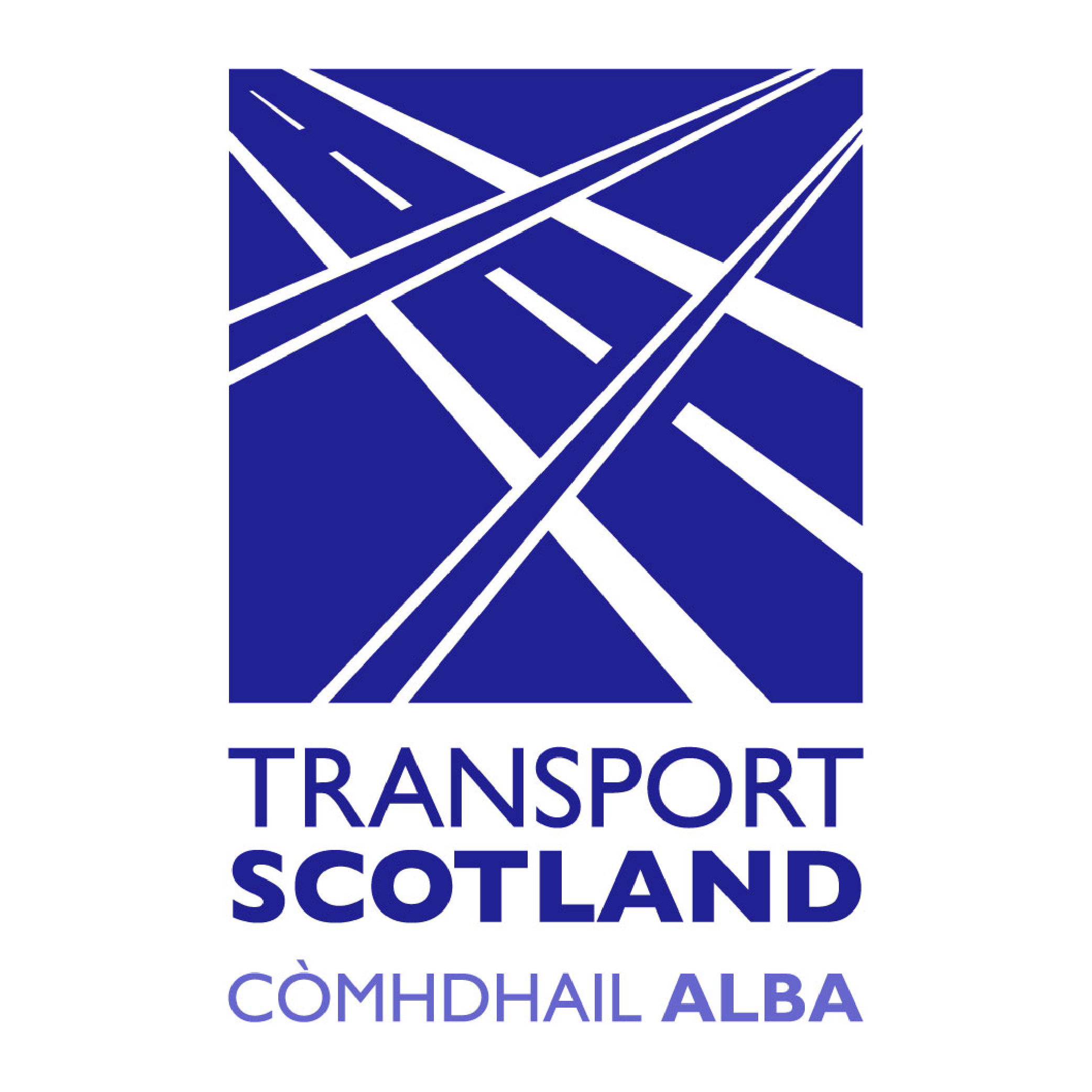 The logo of Transport Scotland featuring stylized blue and white roads with the words "Transport Scotland" and its Gaelic translation "Transport Alba" underneath.