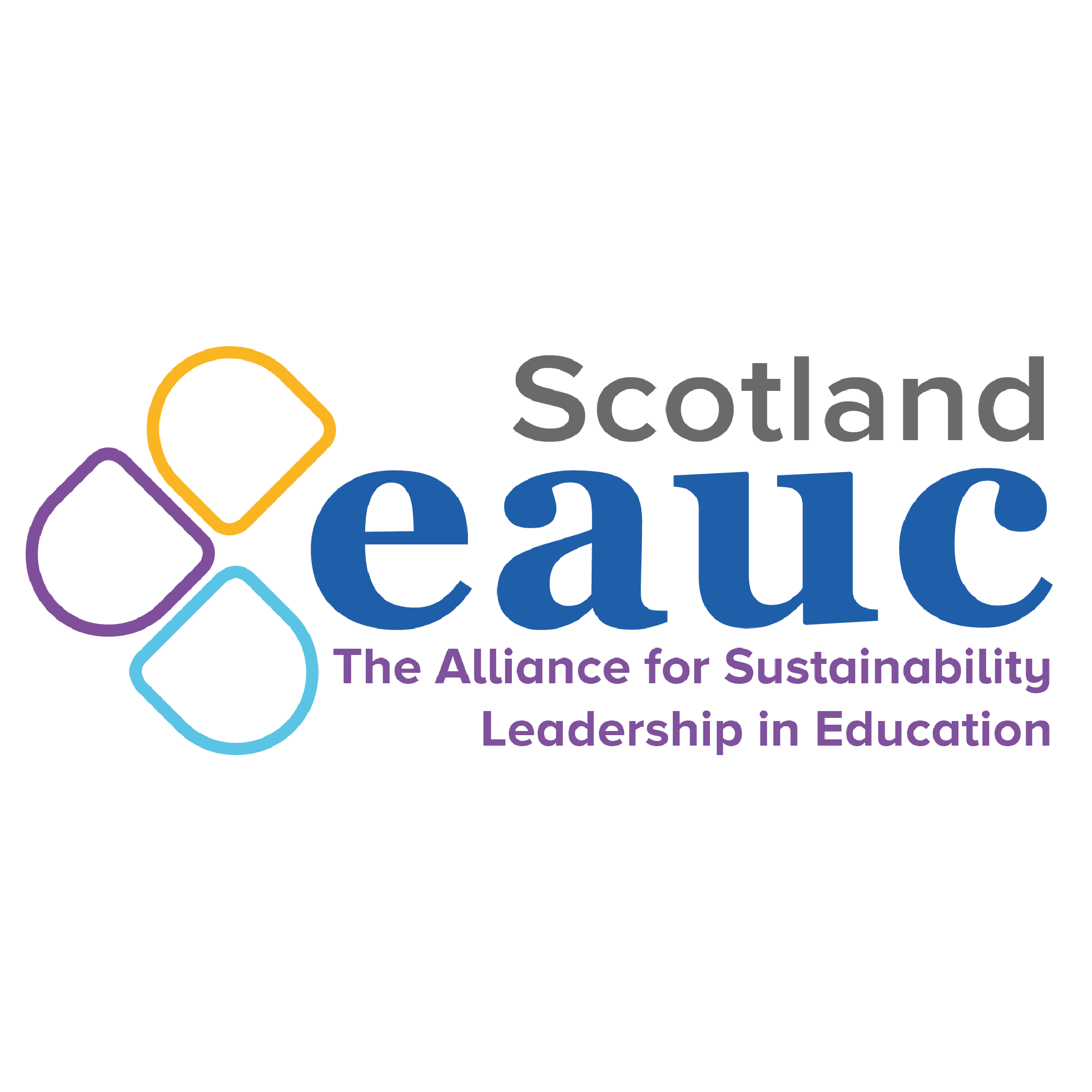 Logo for Scotland Eauc, an organization about sustainability leadership in education, featuring interconnected colored shapes and text.