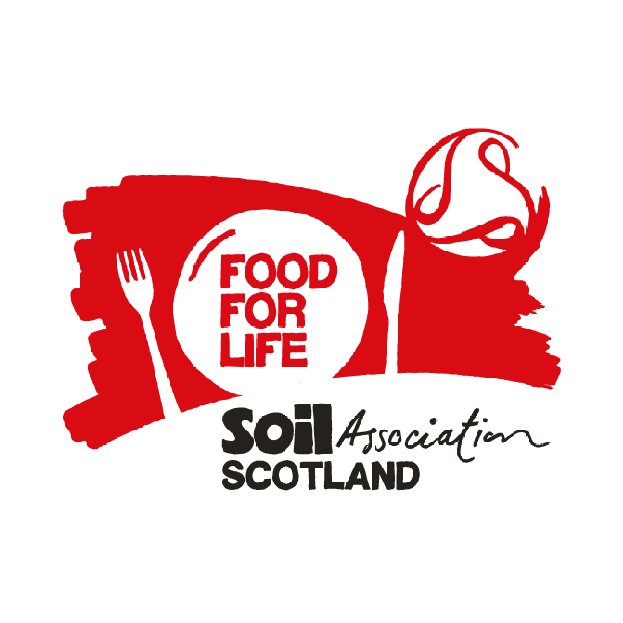 Logo of Soil Association Scotland with a fork, knife, wine glass, and the phrase 'Food for Life' inside a black circle, and black handwritten text underneath.