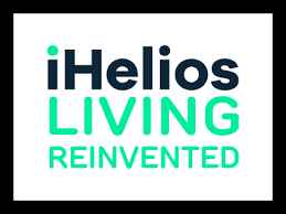 iHelios Living Reinvented logo with text in black, green, and blue on a white background