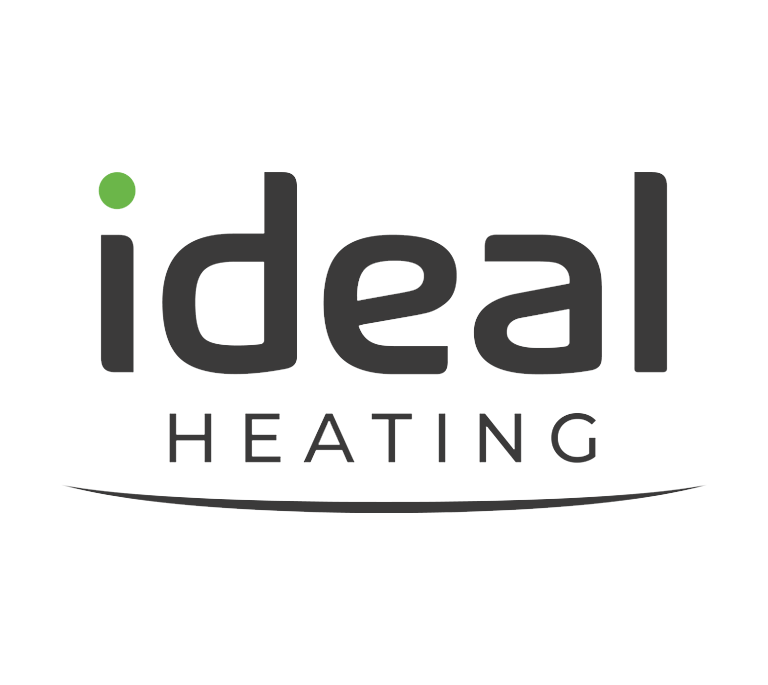 Logo for Ideal Heating featuring the brand name in black lowercase letters with a green dot above the 'i' and a curved line beneath the text.