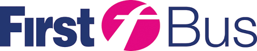 First Bus logo with the words 'First' and 'Bus' separated by a pink circle with a white stylized 'f'.