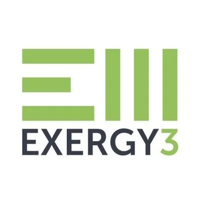 Logo with stylized green squares and the text 'EXERGY3' in black and green.