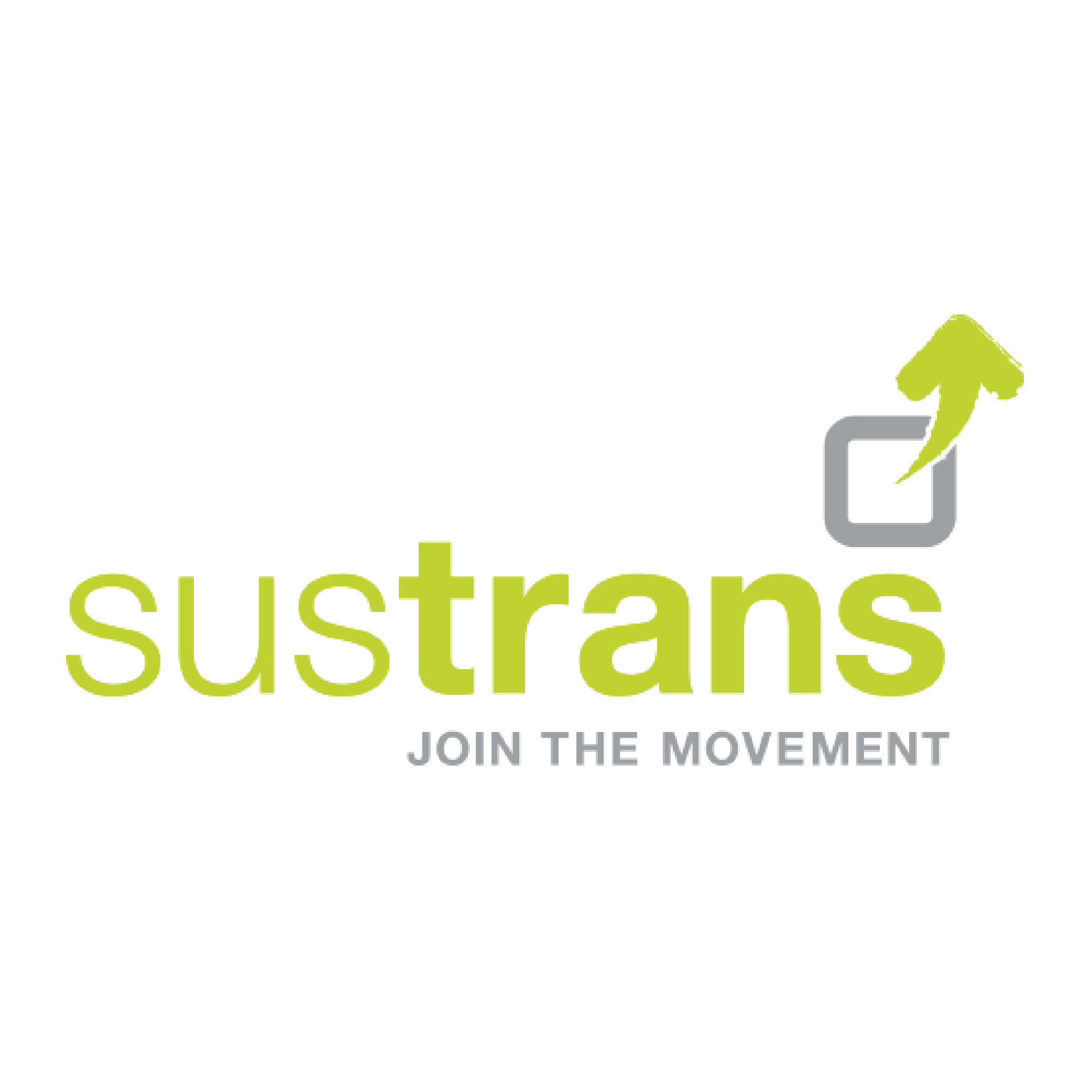 Graphic with the word 'sustrans' in large green letters, a small square with an arrow pointing upward next to it, and the phrase 'JOIN THE MOVEMENT' in smaller gray letters beneath.