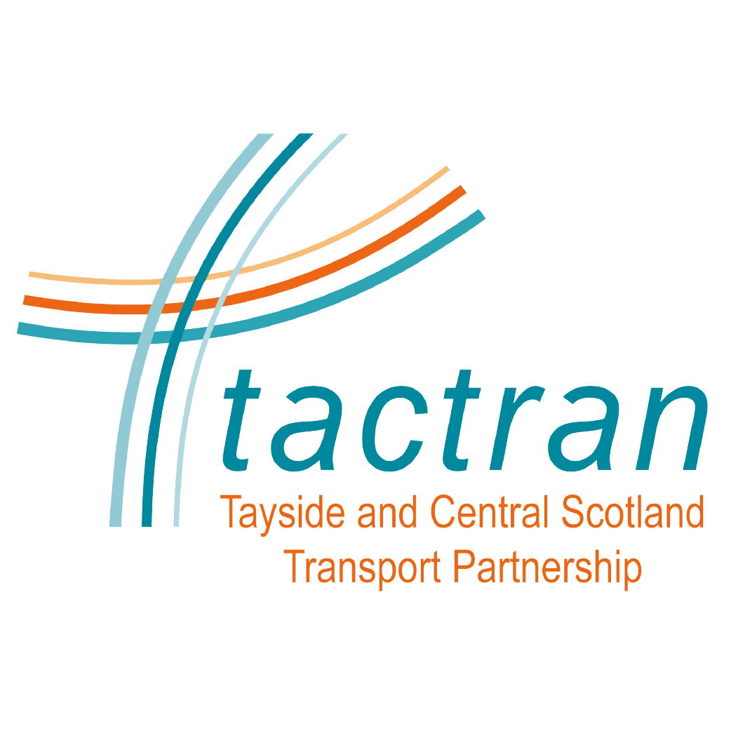 Logo for Tayside and Central Scotland Transport Partnership with stylized curved lines and text in blue and orange.