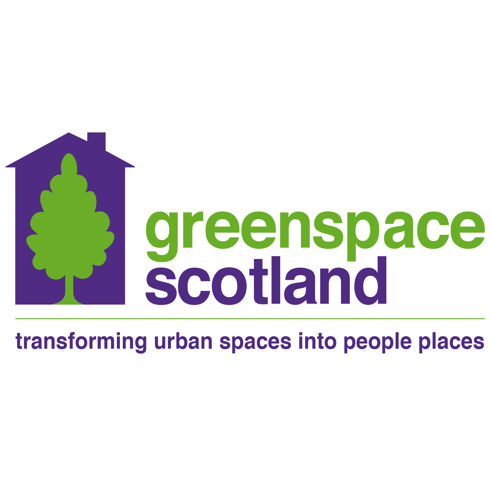 Logo of Greenspace Scotland featuring a green tree inside a purple house outline with the tagline 'transforming urban spaces into people places'.