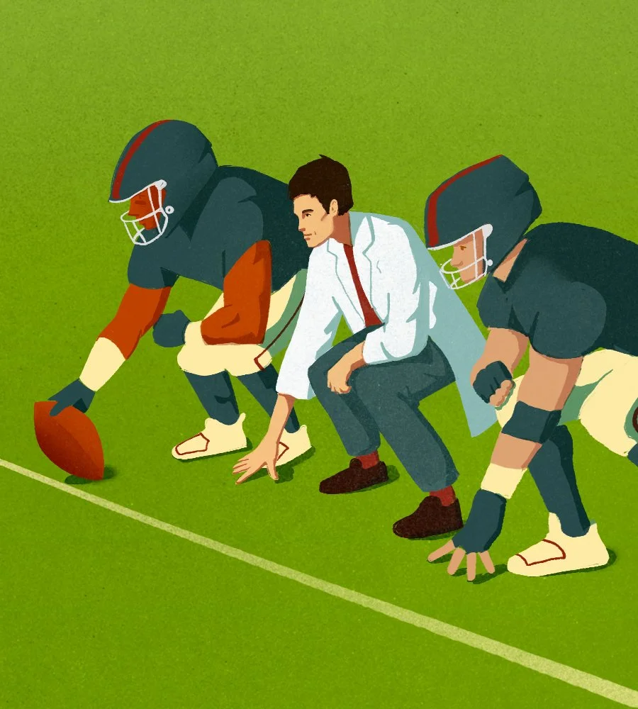 Football player helped by a doctor. conceptual illustration Elia Sampò
