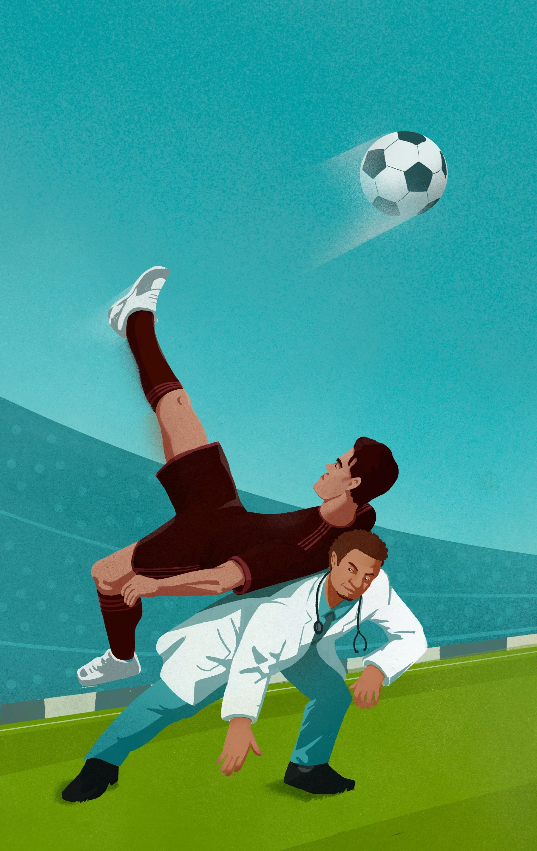 Soccer player helped by a doctor. conceptual illustration Elia Sampò
