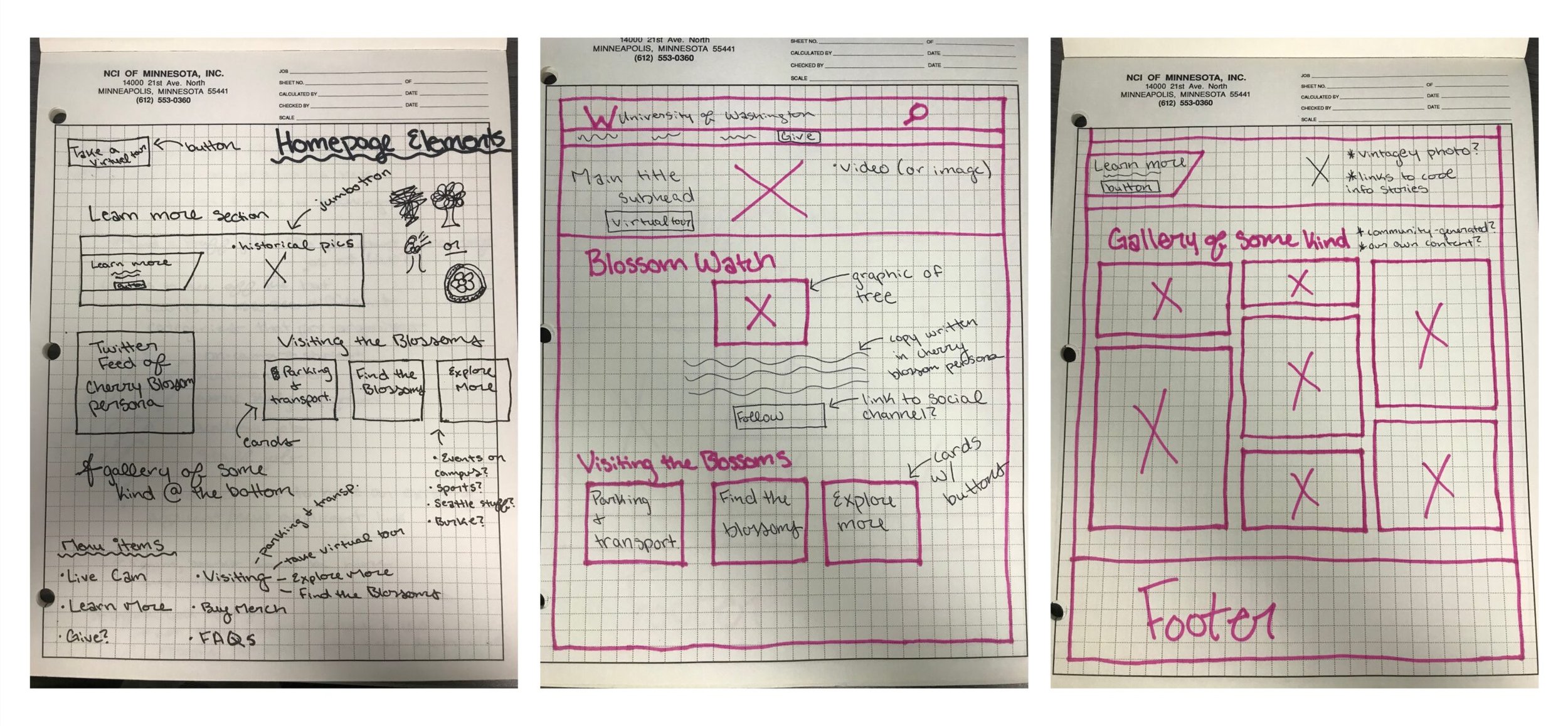 Hand drawn wireframes of potential cherry blossom homepage layouts