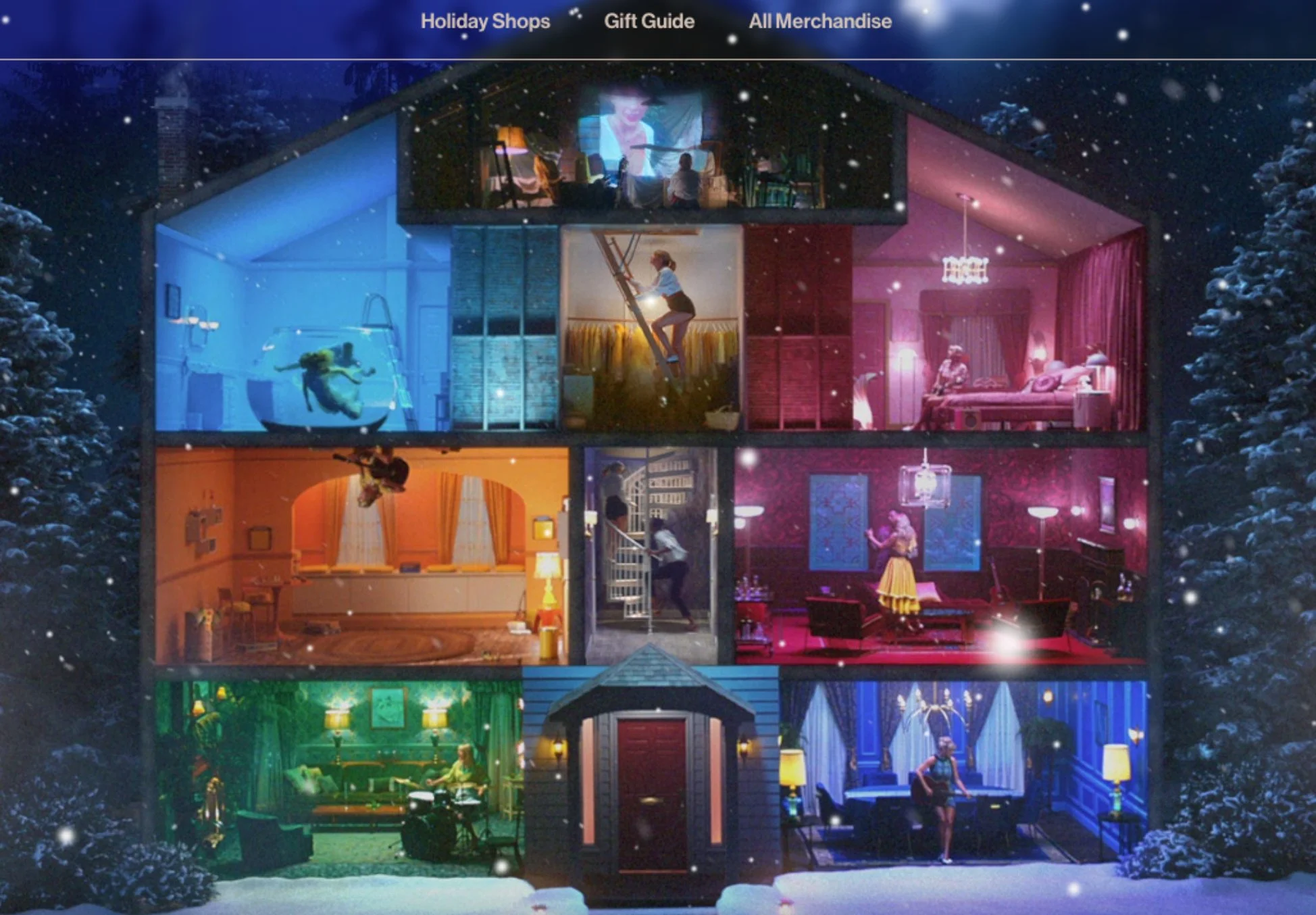 Screenshot of Taylor Swift's 2022 website storefront showing a dollhouse with all of the different eras in a different colored room.