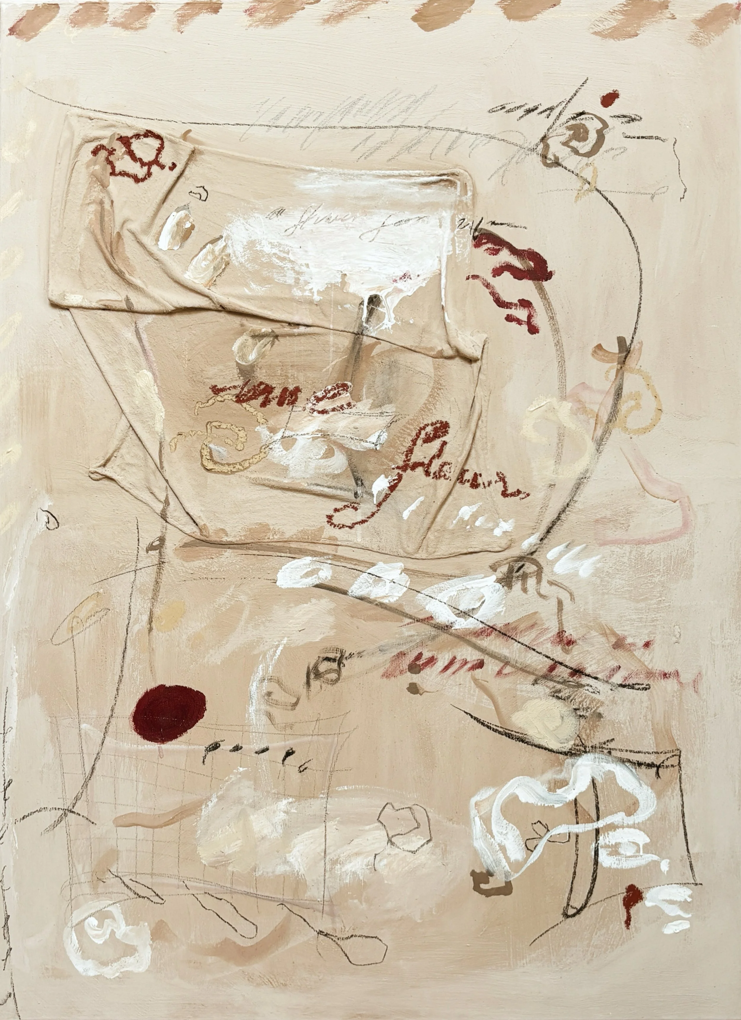 Abstract painting with neutral tones, featuring scattered sketches, scribbles, and hints of red and white highlights.
