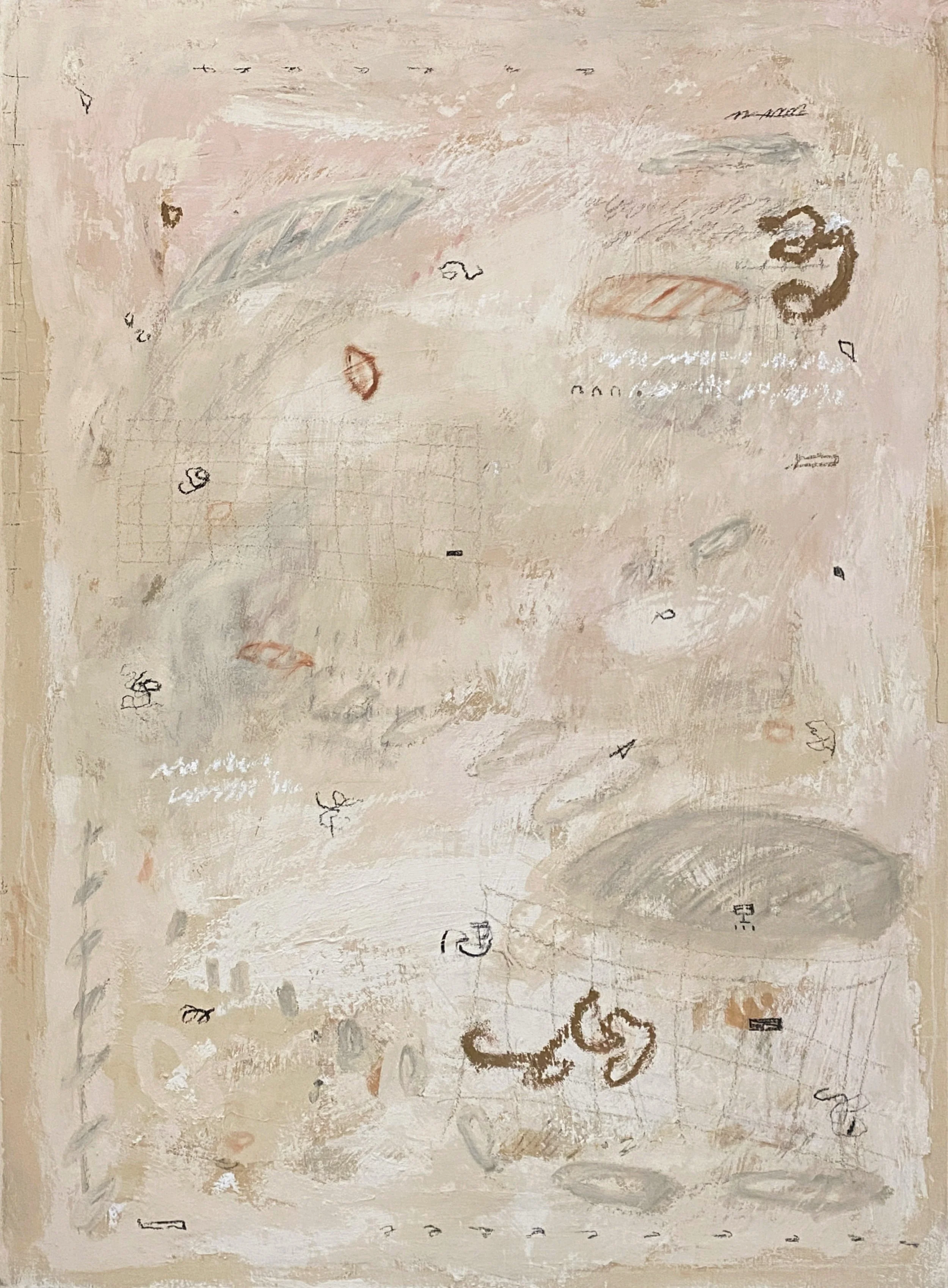 Abstract painting with light beige and gray tones, featuring scattered small shapes, lines, and sketches, some resembling leaves and shading patterns.