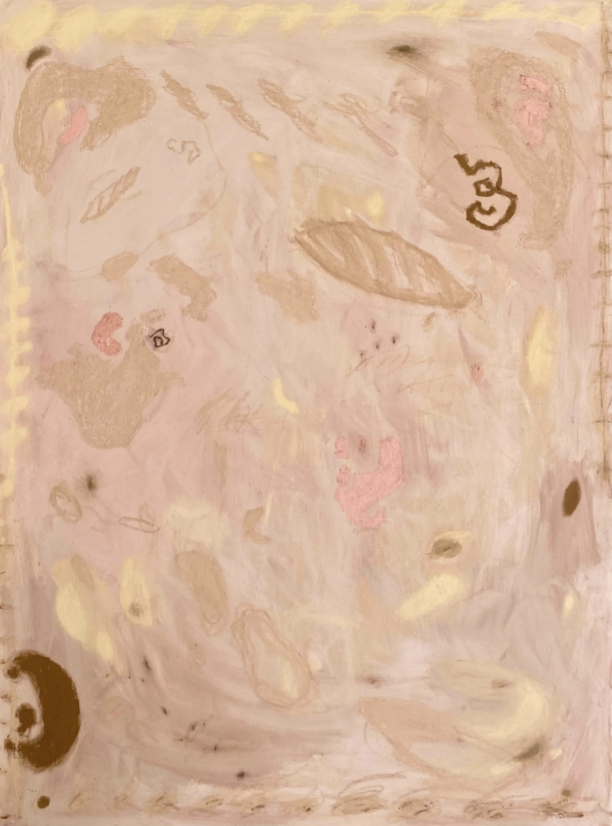 Abstract, pastel-colored drawing with vague outlines of faces, leaves, and unidentified shapes, with a textured light pink background.