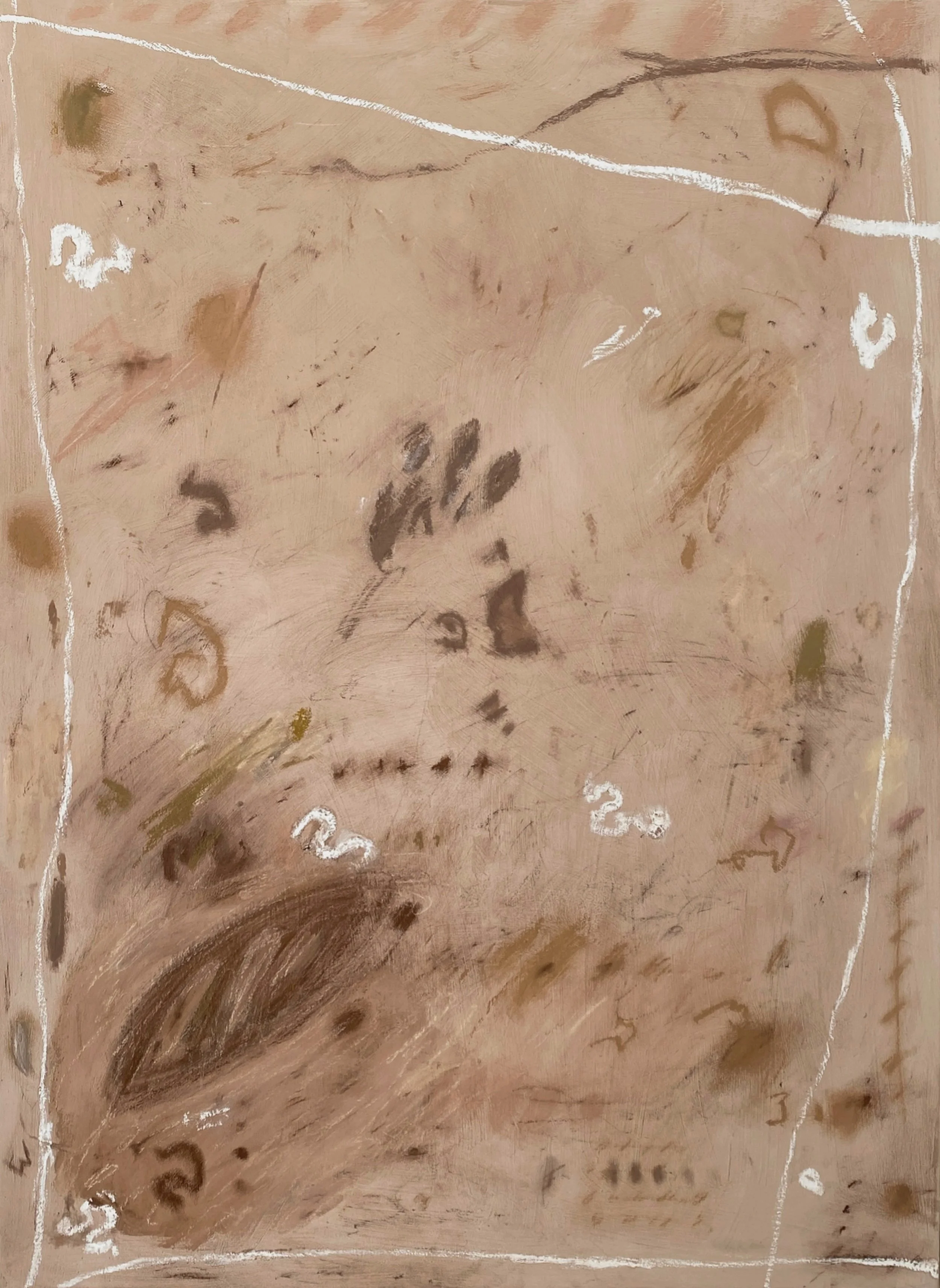 Abstract artwork with various faint markings, numbers, and scribbles in muted earth tones, outlined with white lines.