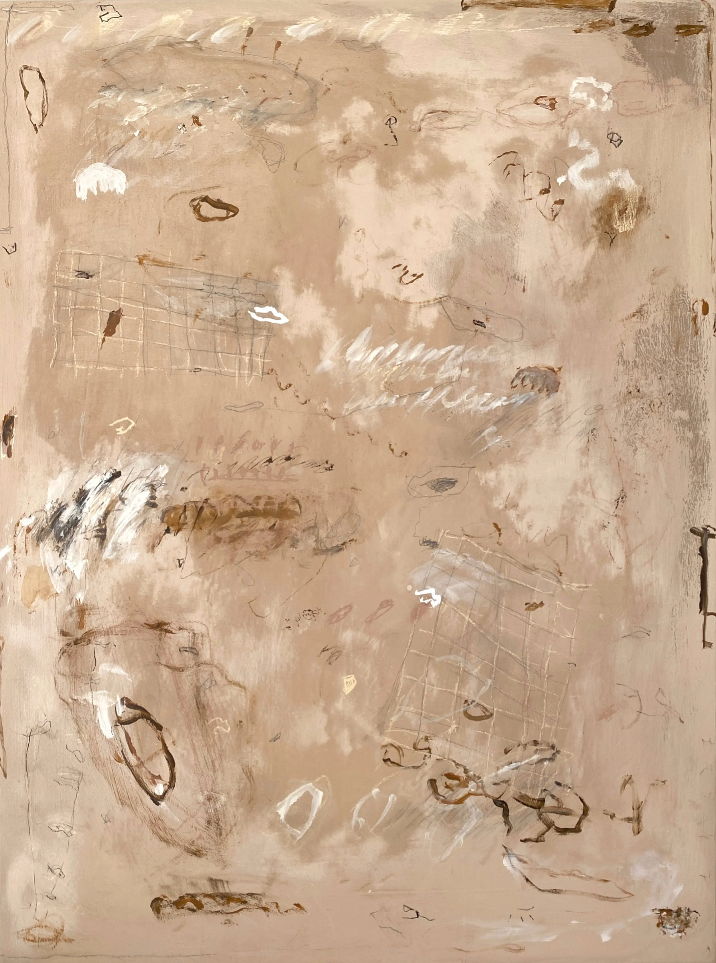 Abstract painting with neutral tones, sketches, and smudges.