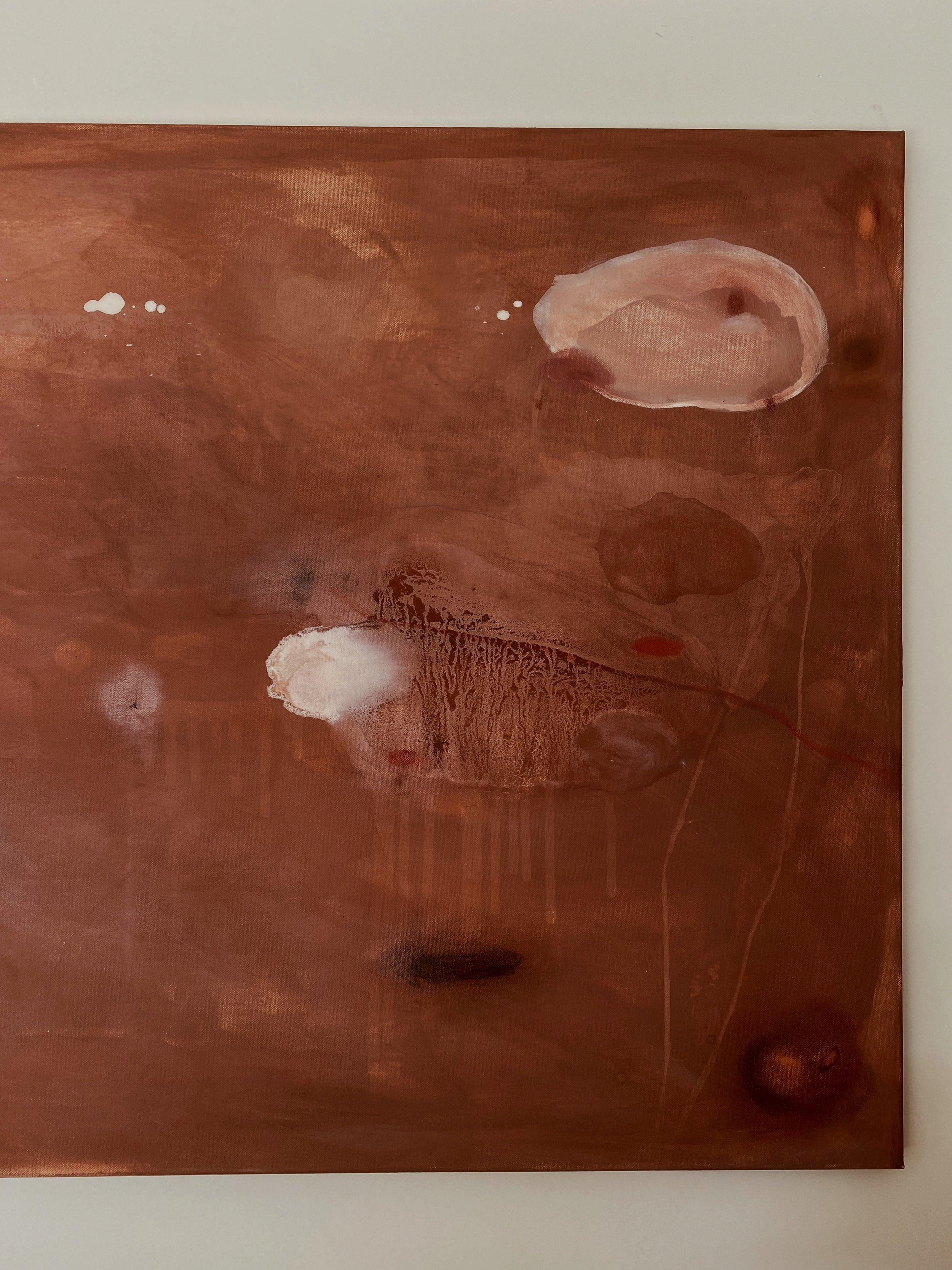 Abstract painting with brown and white tones, featuring organic shapes and textures.