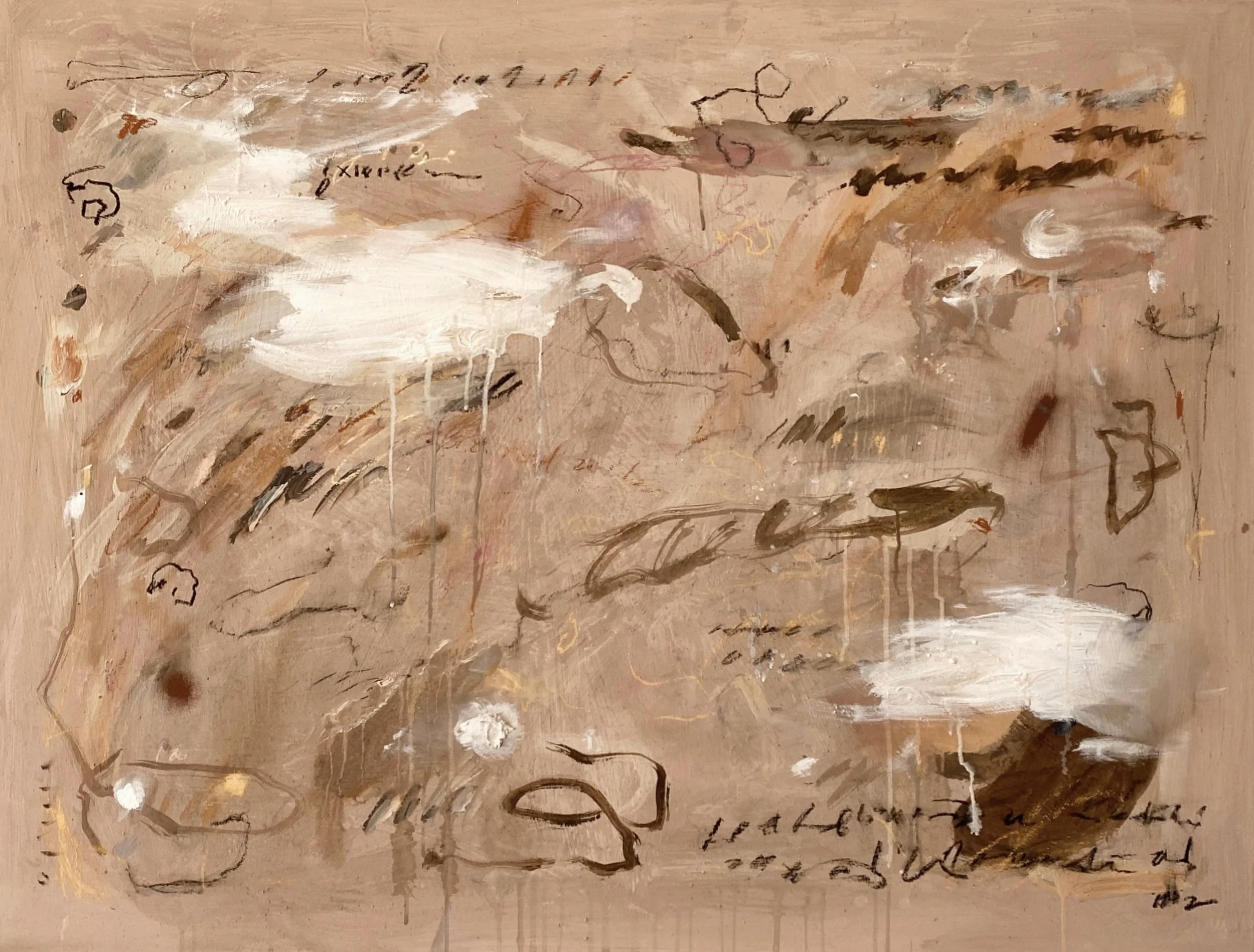 An abstract painting with beige, white, brown, and black brushstrokes, scribbles, and smudges, featuring rough sketches and random lines.