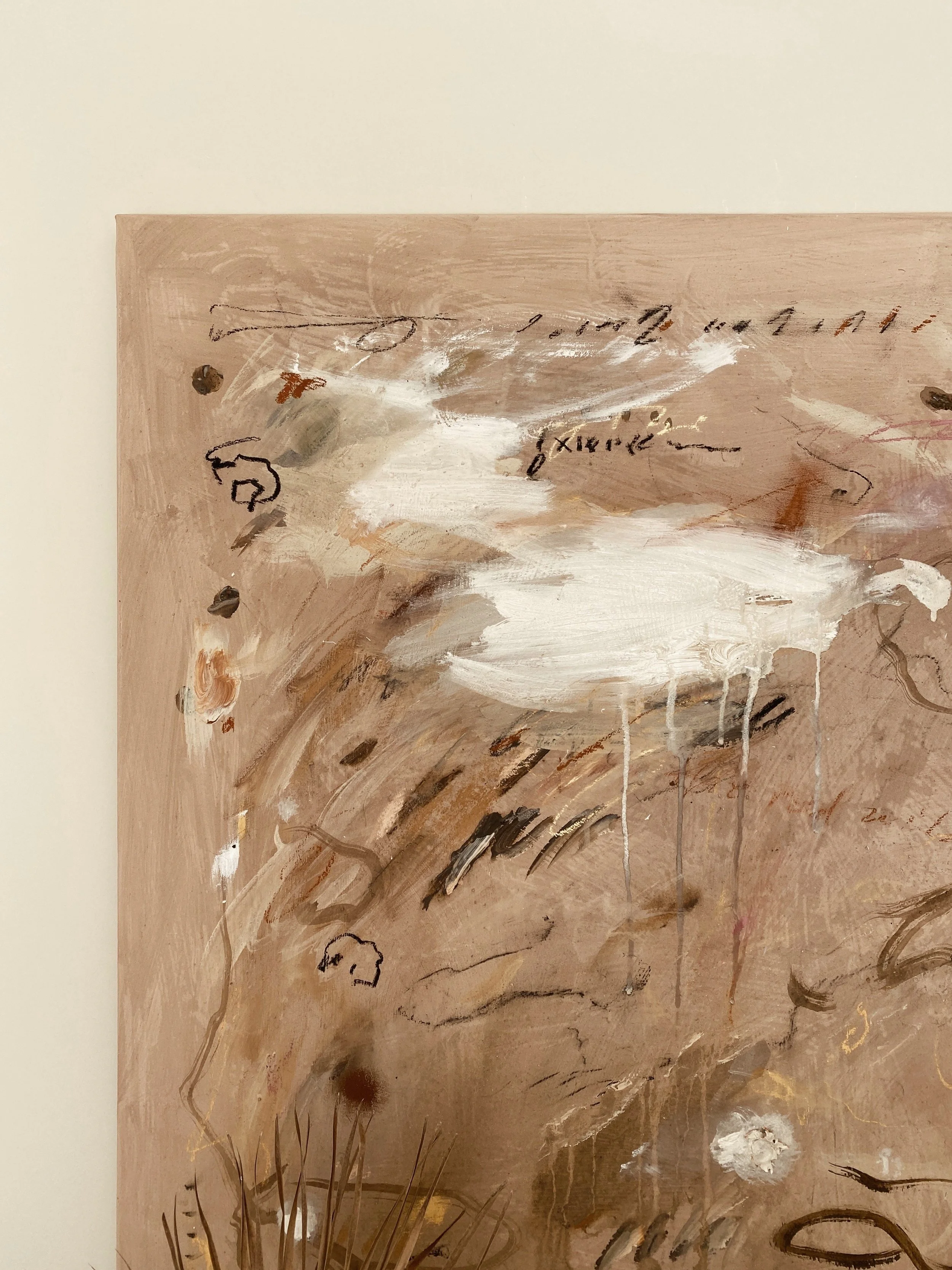 Abstract painting with brown and beige tones, white paint splashes, and black, red, and pink scribbles and markings.