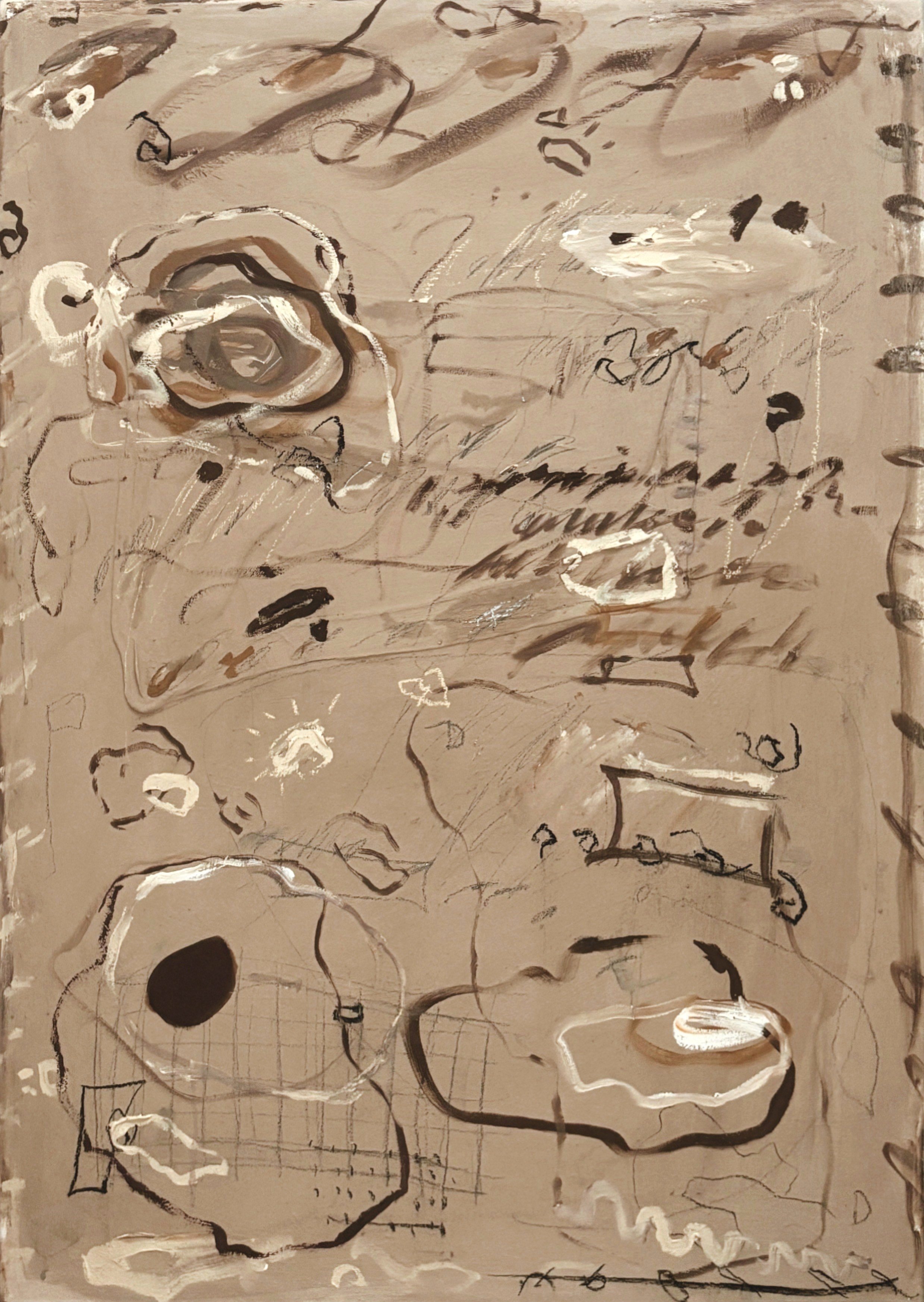 Abstract artwork with scribbles, sketches, and layered paint in neutral tones like beige, white, black, and brown.