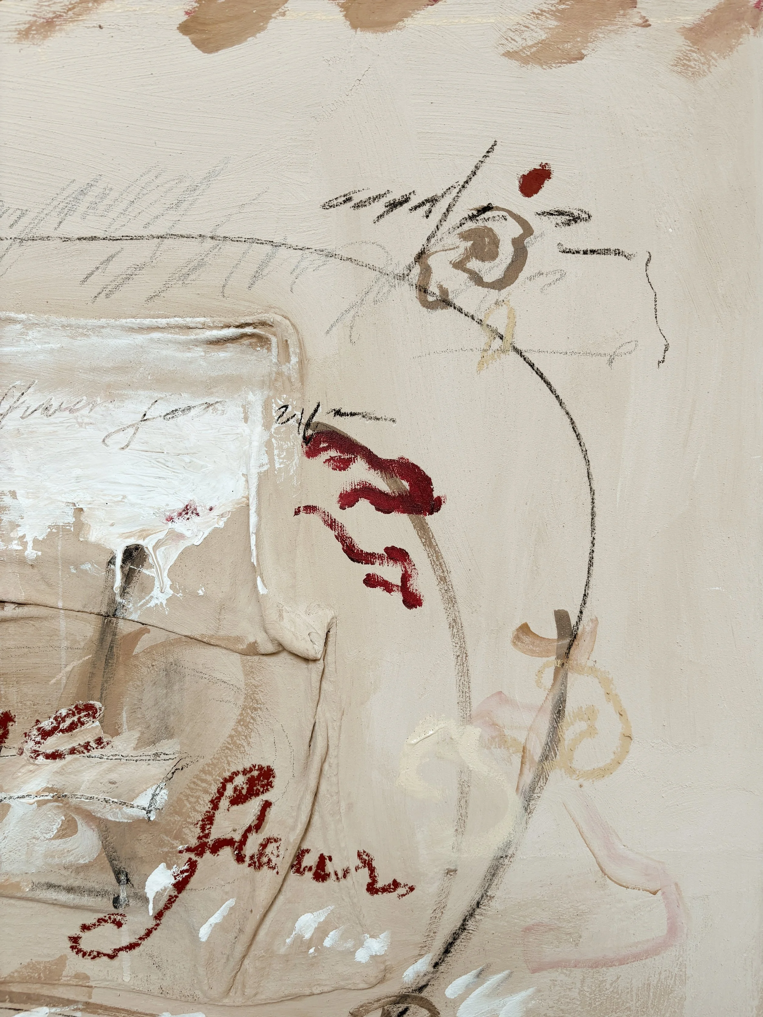 Abstract mixed media artwork featuring a sketch of a face with red lips, and layered textures and scribbles in neutral tones.