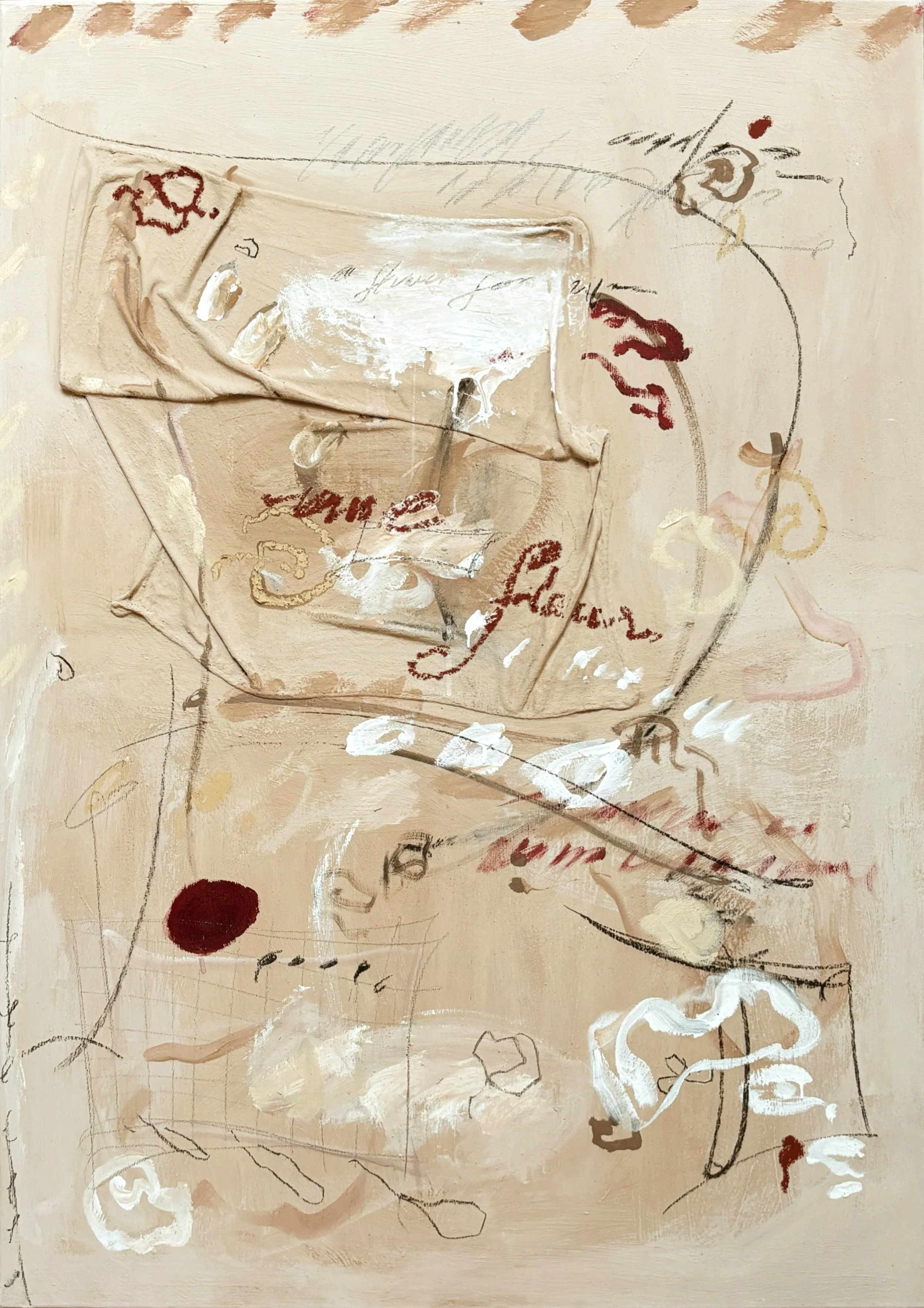 Abstract painting with beige background, red and white accents, swirling lines, and faint handwritten-style text.