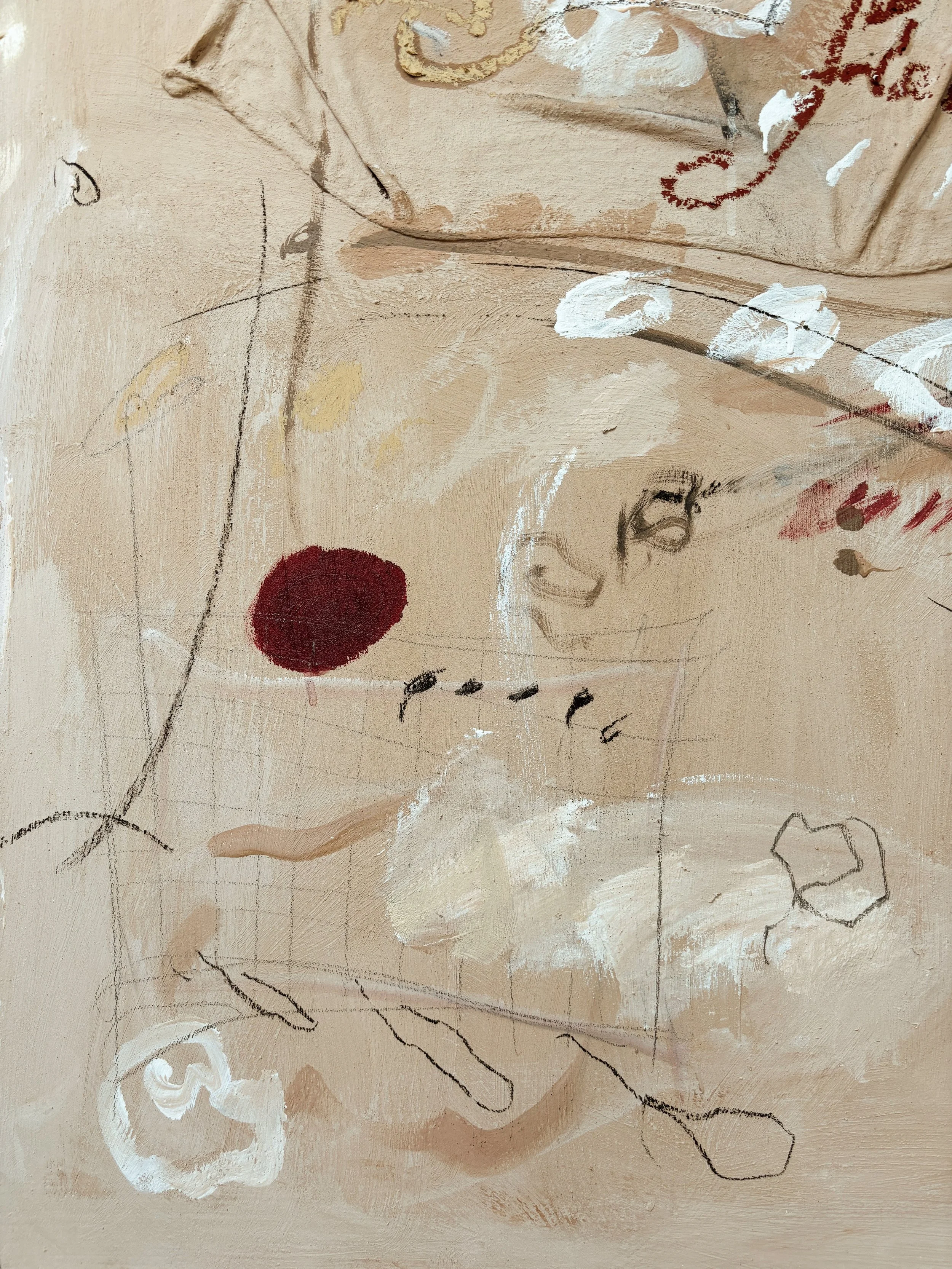 Abstract artwork with beige background, black lines, red circle, white patches, and faint sketches of faces and objects.