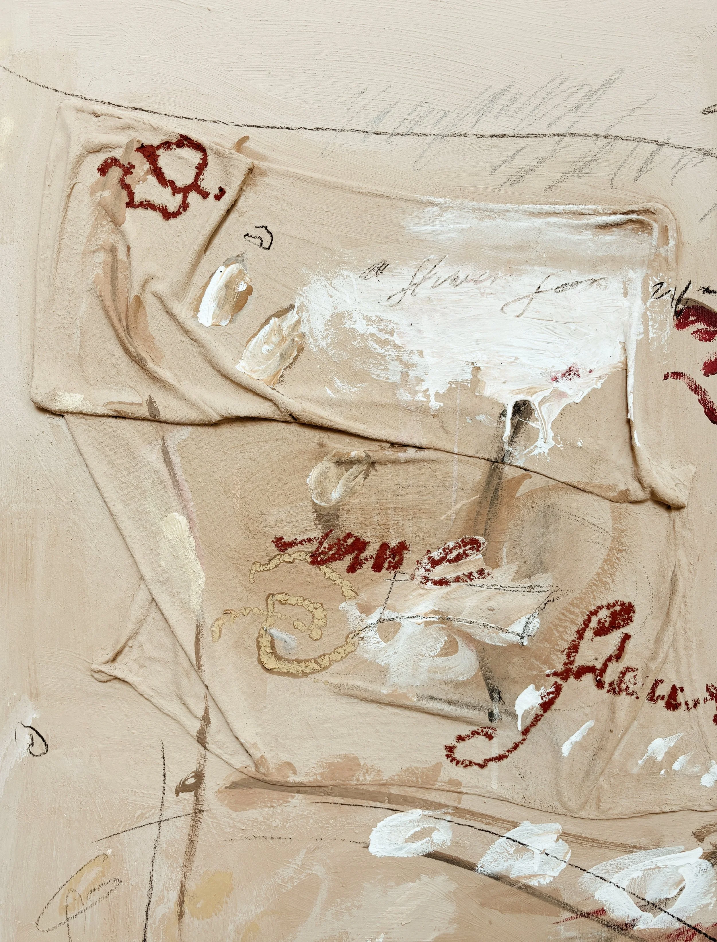 Abstract artwork featuring layered paint, scribbles, and handwritten text in beige, white, red, and black colors.