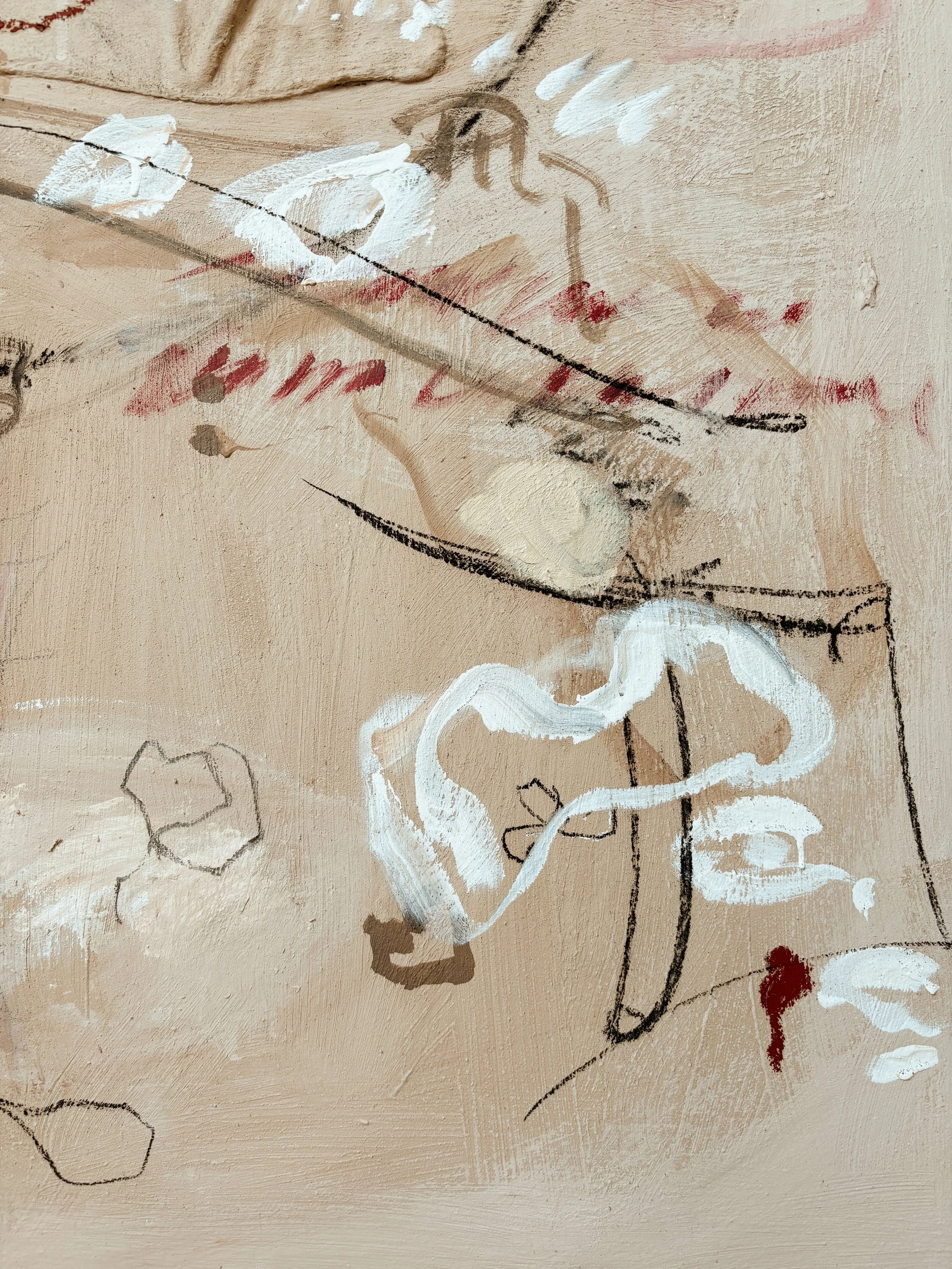 Abstract painting with beige background, black and white sketches, red paint smudges, and textured brushstrokes.