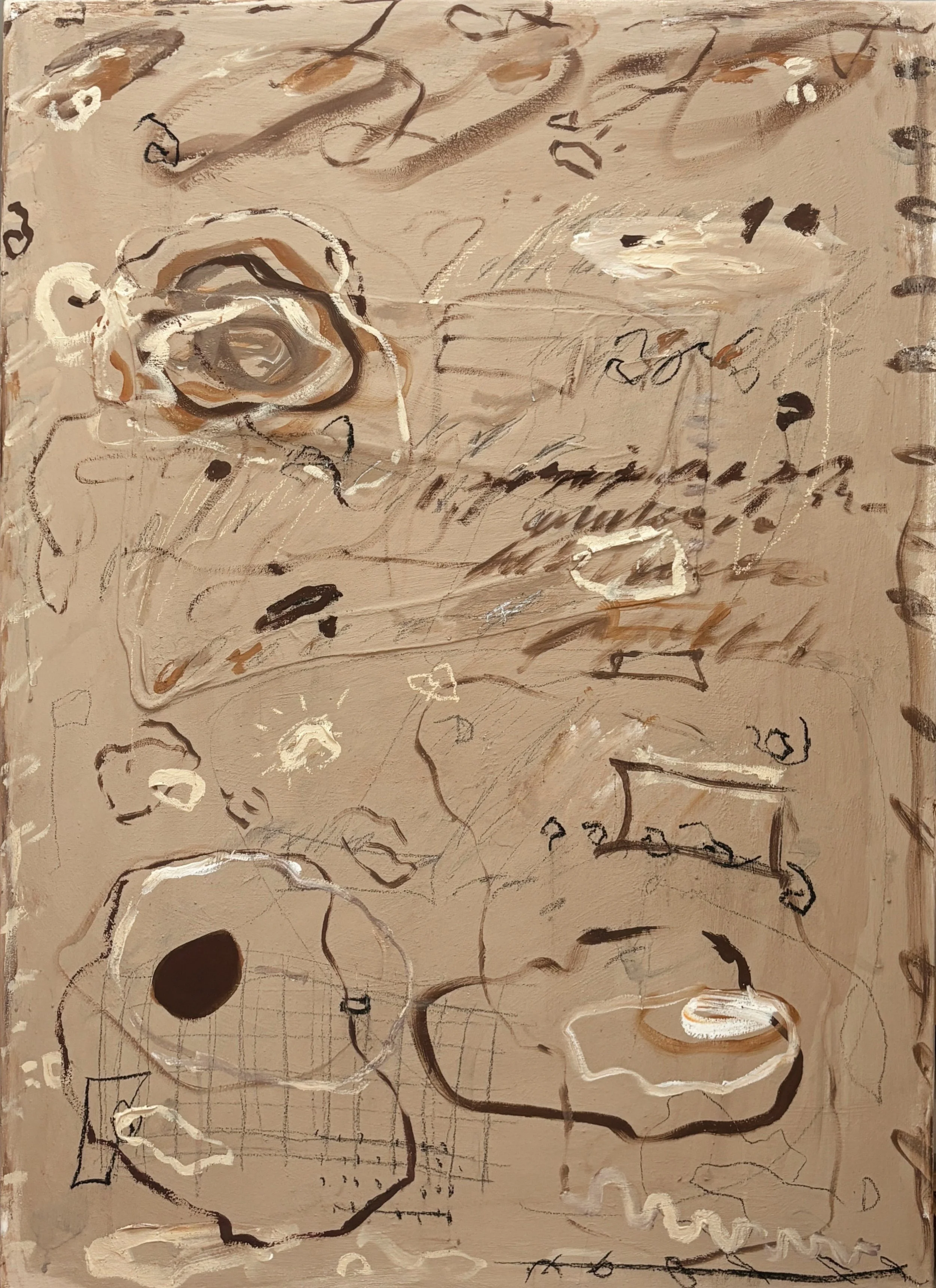 Abstract art with beige background, scattered random scribbles, circular shapes, and various lines in black, white, and brown.