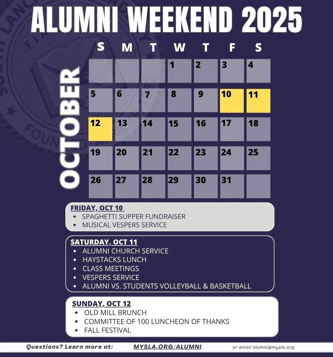 Mark your calendars! Alumni Weekend 2025 is just over 90 days away! We have an exciting schedule of events planned and can&rsquo;t wait to see you there! Tag a classmate to let them know!