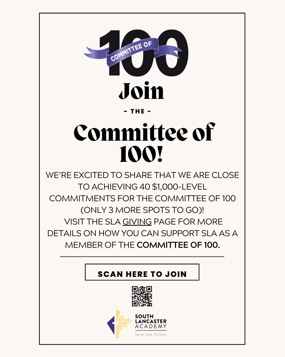 ✨ We&rsquo;re so close to reaching our next milestone &mdash; 40 gifts at the $1,000 level for the Committee of 100! Only three more spots to go.✨
If you&rsquo;d like to join this incredible group of supporters, email development@mysla.org or visit h