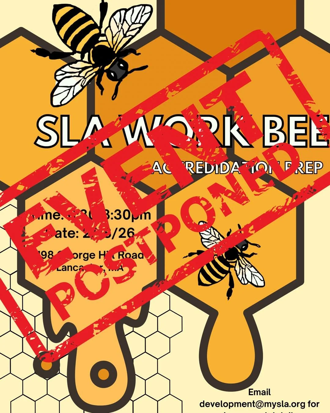 Due to inclement weather the work bee has been rescheduled for next Tuesday, February 24 from 5-7 pm! Be safe tonight ❄️