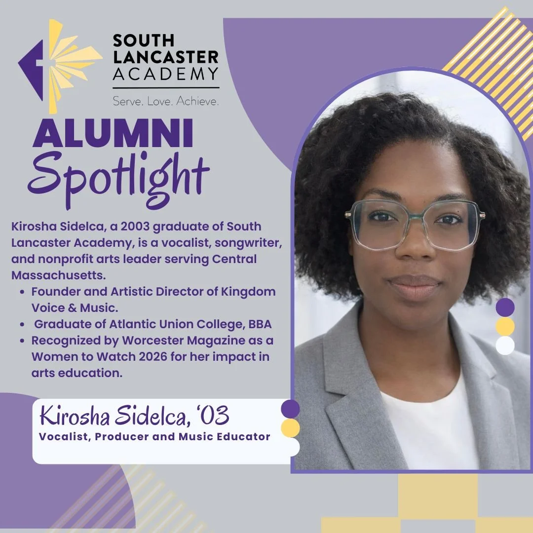 Alumni Spotlight: Kirosha Sidelca (&lsquo;03) ✨

Kirosha Sidelca, a 2003 graduate of South Lancaster Academy, is a vocalist, songwriter, and nonprofit arts leader serving Central Massachusetts. She is the Founder and Artistic Director of Kingdom Voic
