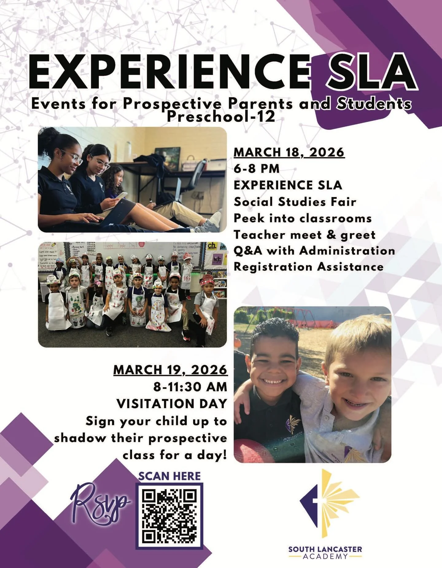 Today&rsquo;s the day for Experience SLA! Come check out SLA this evening; classrooms are open to explore and the gym will be filled with the History Fair exhibits. Tomorrow, guests are invited to spend a day at SLA for our Visitation Day. Hope to se