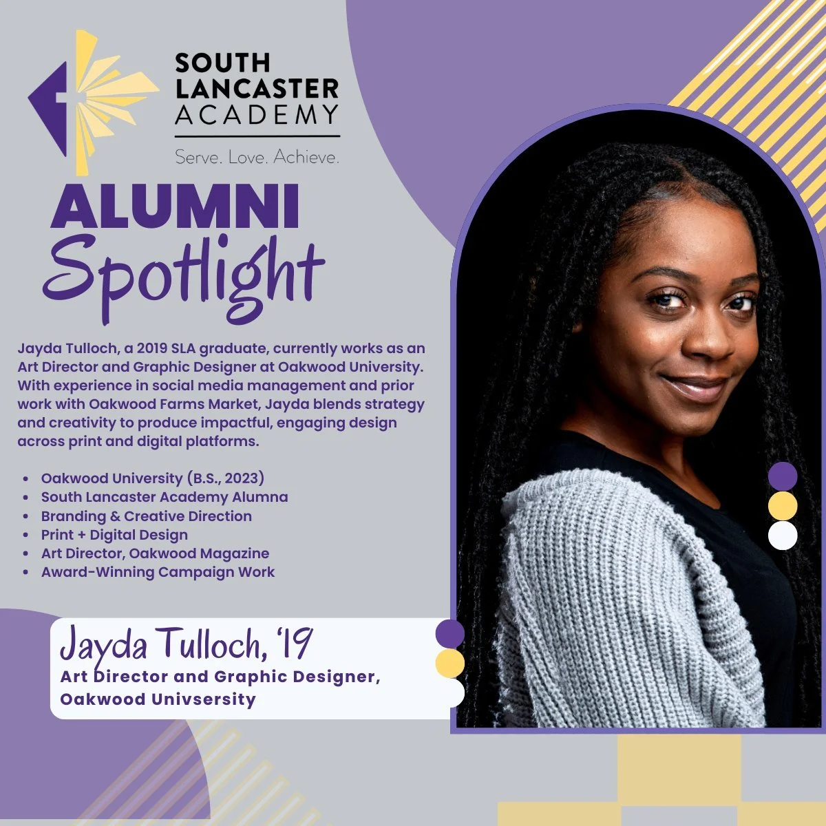 ✨ Alumni Spotlight: April ✨

Jayda Tulloch is making her mark as a talented graphic designer and art director at Oakwood University, where she plays a vital role in the Marketing Communications &amp; Media Production department. A 2023 graduate with 