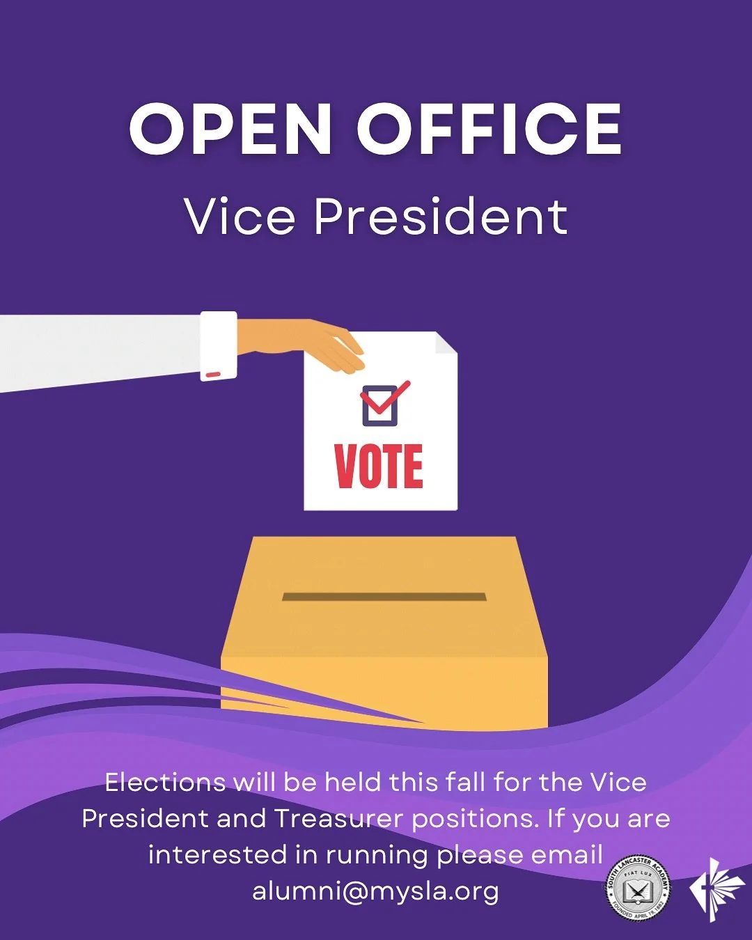 Are you interested in playing a bigger role in our alumni association?! Today&rsquo;s your day! This fall we will be holding elections for Vice President and Treasurer. If you&rsquo;re interested in running email us! Alumni@mysla.org #run #vicepresid