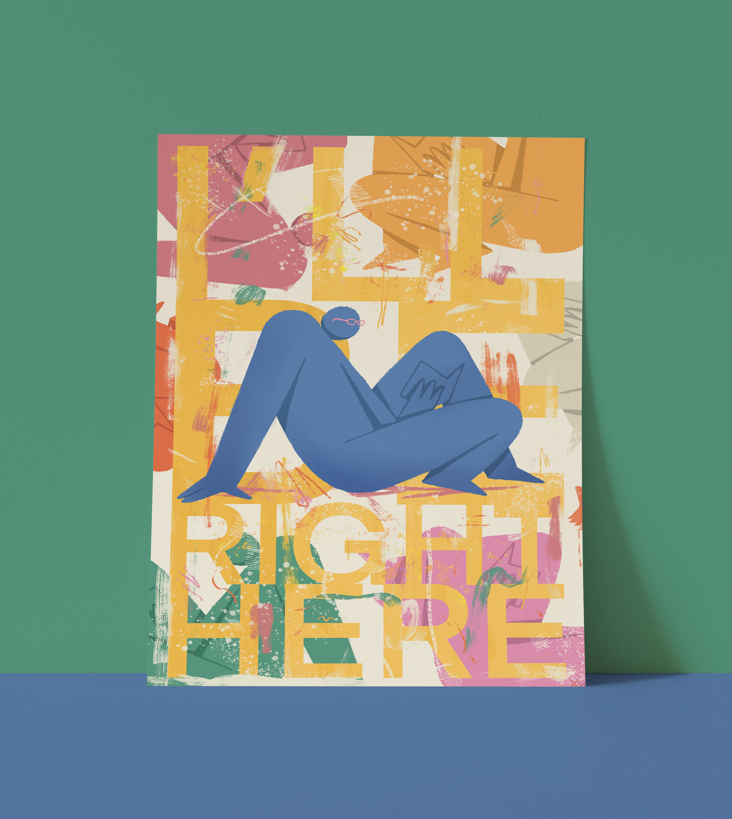 A colorful painting with abstract shapes, splashes of paint, and the white text "LOVE" in uppercase letters.