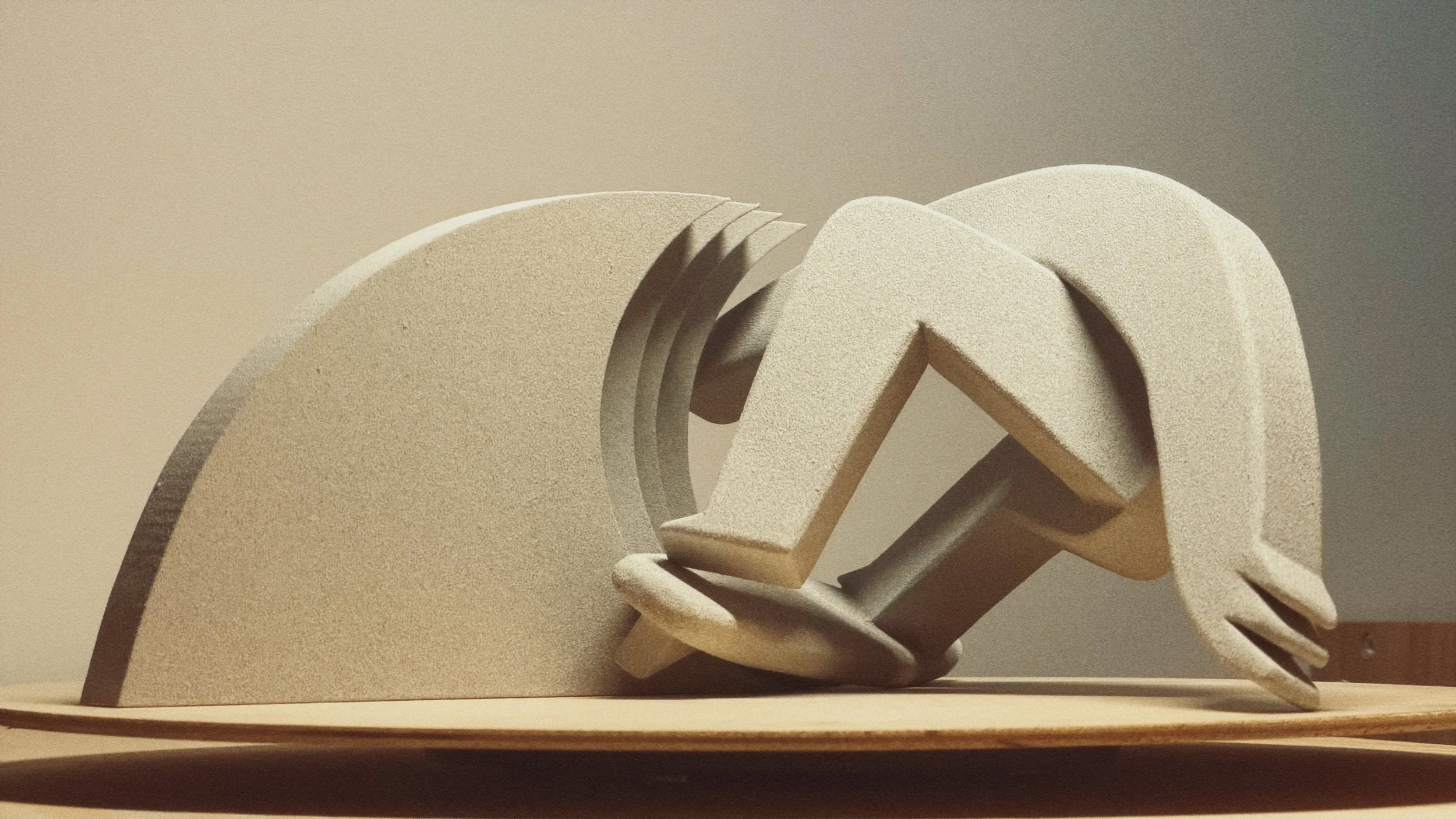 Close-up of a beige abstract sculpture with layered and curved shapes, sitting on a flat surface against a neutral background.